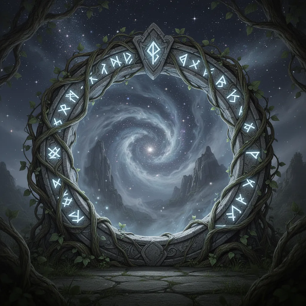 a mesmerizing scene centered around a **portal**. the **portal** itself is an ornate, circular gateway framed by twisted vines and carved stone runes that softly emit a bluish-white light. the twisted vines are intricately detailed, with each leaf and tendril carefully rendered, and the stone runes are ancient and weathered, pulsating gently with an unseen energy. within the ring, a swirling vortex of mist and stars churns like a liquid night sky—hints of otherworldly landscapes flickering just beneath the surface. the night sky is filled with a myriad of tiny, sparkling stars and swirling nebulae. the overall aesthetic is one of magic and mystery, a gateway to the unknown.