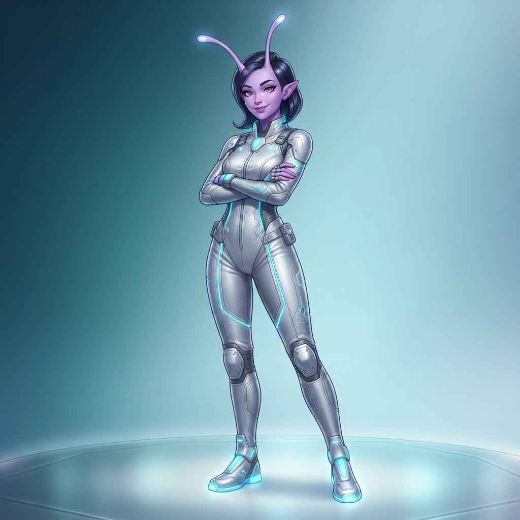 an original alien character, a confident young woman with lavender skin, long antennae and a silver jumpsuit with glowing accents, full body original character design, clean soft gradient studio background, vibrant, crisp high detail, digital illustration, no text, no words, no watermark