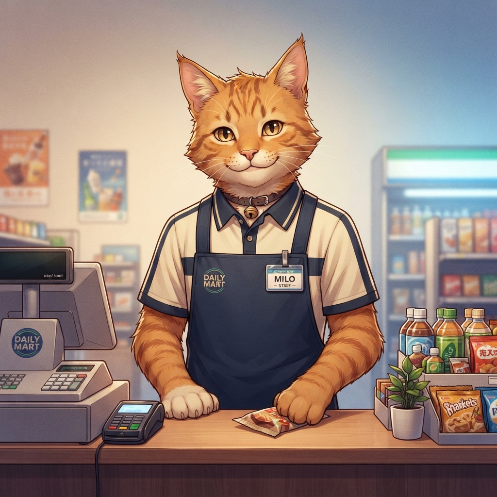 original character: an anthropomorphic tabby cat in a convenience store apron and name tag, warm friendly smile, moody adult anime illustration, clean soft gradient studio background, vibrant, crisp high detail, digital illustration