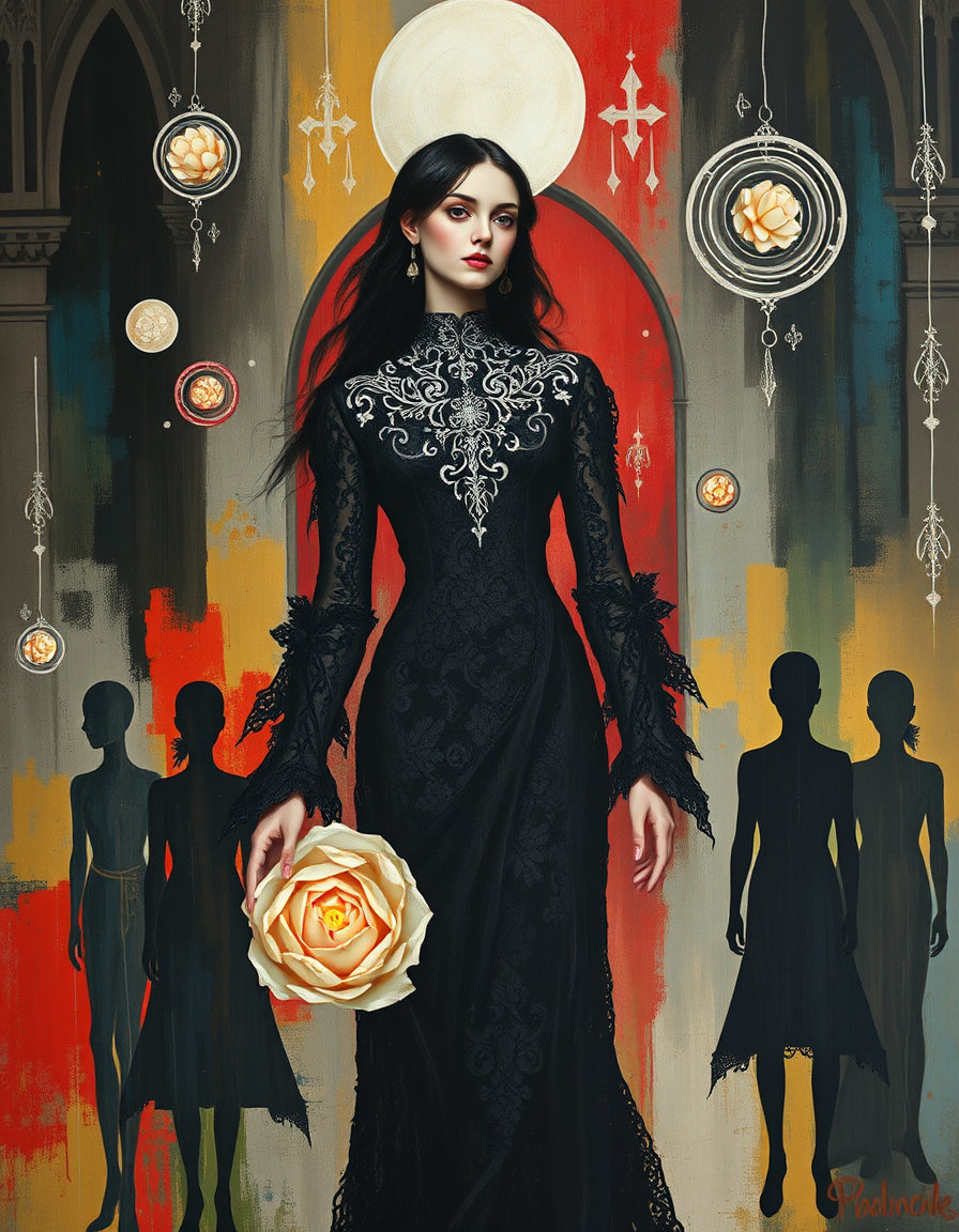gothic lady in a flowing black lace gown with high collar and ornate silver filigree stands amid abstracted human silhouettes, all rendered in a rich oil‑painting style: thick, textured brushstrokes, soft blended tones, luminous saturated colors, and layered impasto that give depth and warm realism. the composition features vibrant non‑naturalistic blues, reds, yellows and greens, white linear striations, floating circular orbs, a central organic bloom, and a gothic chiaroscuro backdrop of pointed arches and medieval motifs. dynamic yet meditative mood, expressive brushwork, and a timeless, nostalgic atmosphere dominate the scene.