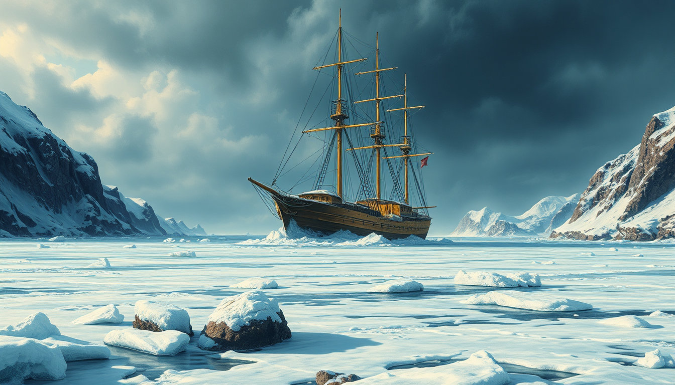 the scene depicts a vibrant and ominous winter landscape with a strong sense of atmospheric pressure, reminiscent of the works of master painter norman rockwell's illustrator contemporaries like j.c. leyendecker, but in a darker, grittier tone. the frozen ocean stretches towards the horizon, with massive ice floes and snow-covered rocky shores. in the center of this desolate expanse, a majestic and eerie frigate appears to be frozen in time, its hull and masts shrouded in a thick layer of frost and ice, as if it has been there for centuries. the ship's weather-beaten wood and worn metal fittings take on a warm, golden patina, contrasting with the bleak, icy blues of the surrounding environment. the artwork is rendered in the style of digital oil painting, with incredibly detailed textures and colors, capturing the subtle nuances of oil paint in a hyper-realistic manner. the brushstrokes are so fine, they seem to have been executed by a master hand, with layered glazes and subtle color gradations that evoke the soft, luminous quality of oil paint. against the dramatic, high-contrast background, the frigate stands out with concept-art quality refinement, its details and shapes sharply defined, as if modeled in three dimensions. yet, the painterly finish imbues the image with an organic, expressive quality, like a fine painting on canvas. the digital oil painting's style dominates the artwork, imbuing the scene with a level of depth and nuance that draws the viewer in, inviting them to immerse themselves in the frozen, haunting atmosphere. every brushstroke, every texture, and every detail seems to vibrate with life, as if the painting itself were alive, frozen in time, along with the ship.