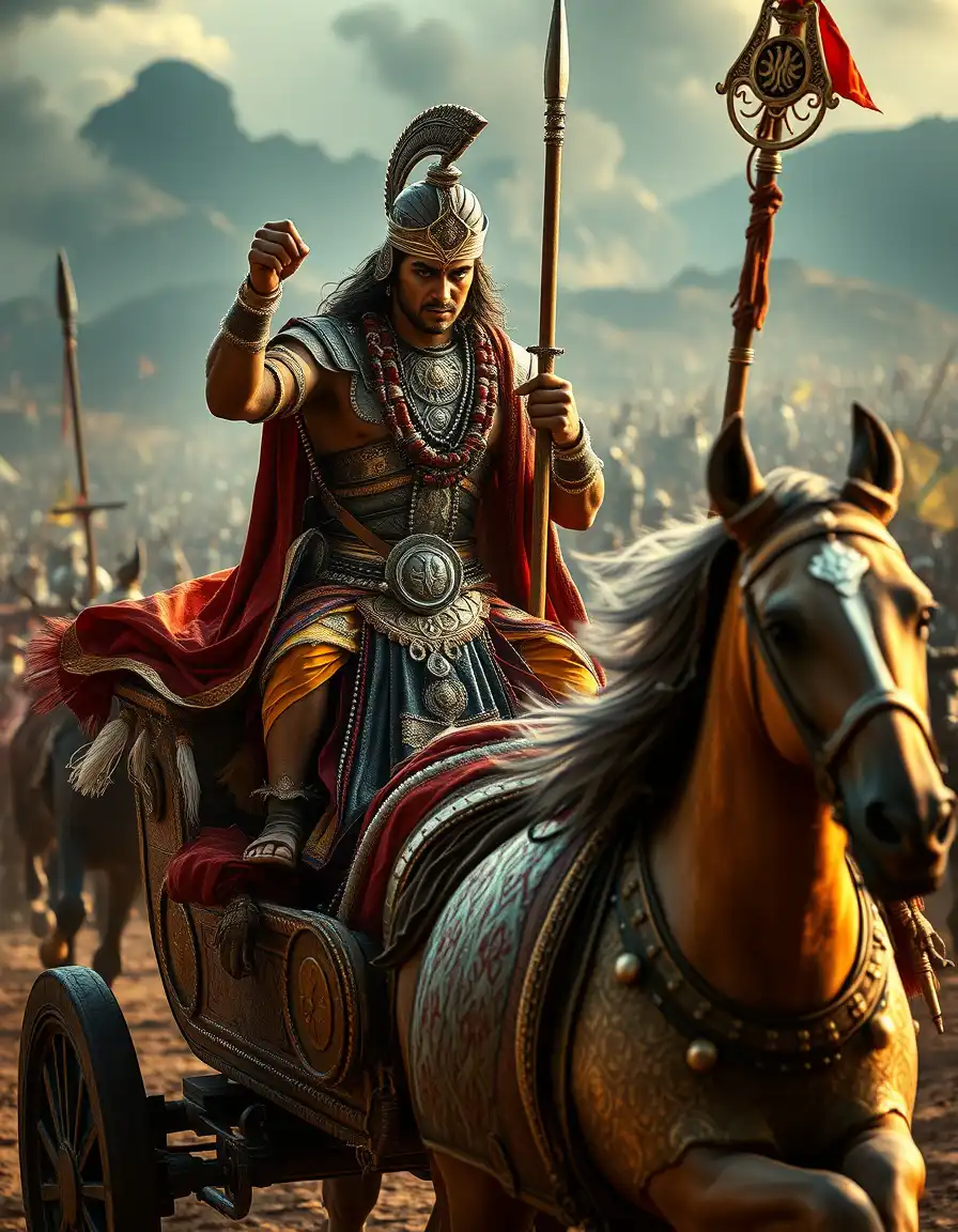 Realistic Mahabharata scene, Arjuna standing on a chariot ready to fight, Krishna guiding him, battlefield in the background, detailed armor and weapons, epic cinematic lighting, intense expressions, highly detailed, realistic style."
YouTube Title: "Arjuna and Krishna – Epic Mahabharata Battlefield Moment