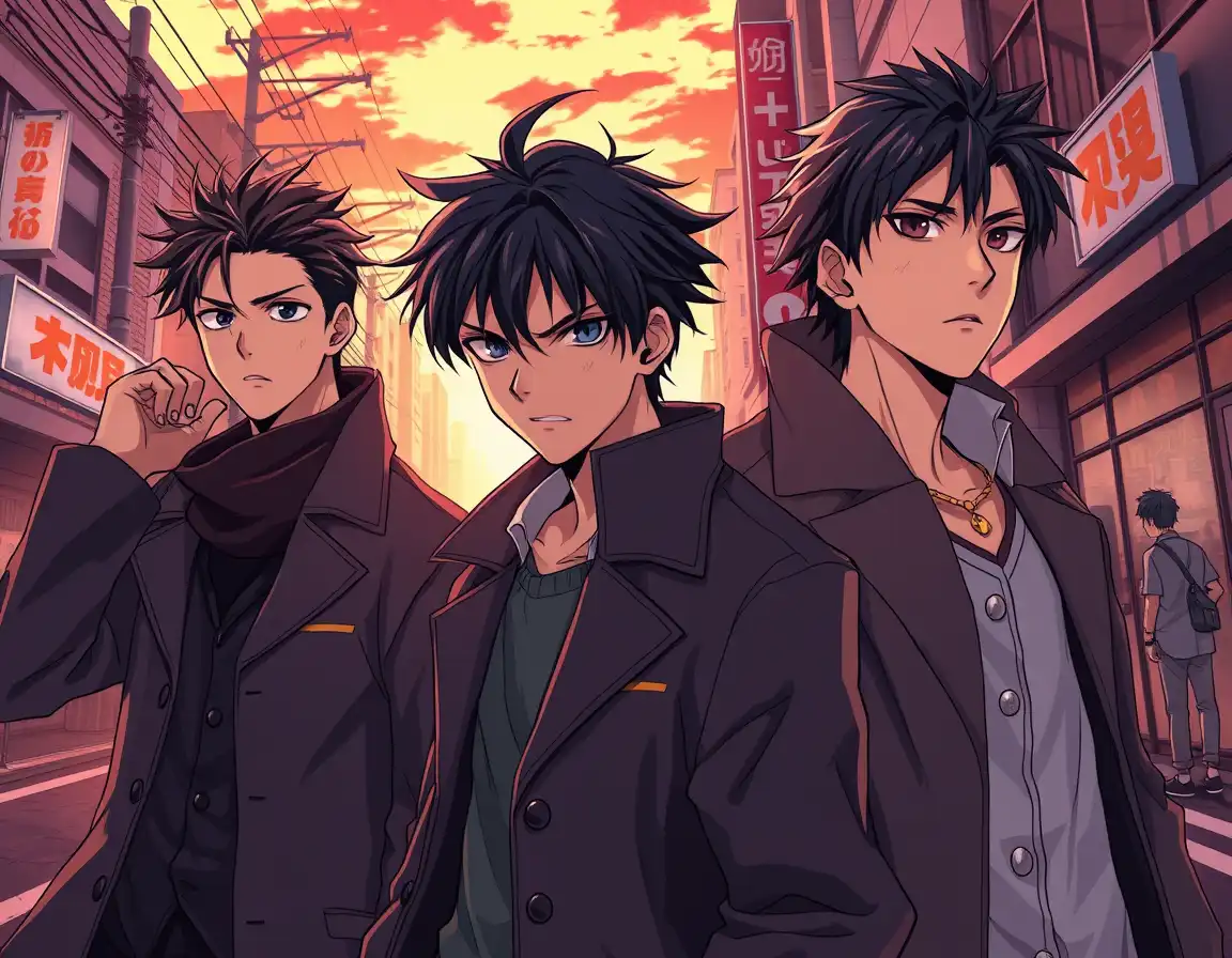 Anime illustration inspired by delinquent Japanese gang aesthetic, teenage boys with serious expressions, modern Tokyo urban setting, school uniforms with long coats, dramatic poses, strong emotions (anger, loyalty, tension), detailed anime faces, sharp eyes, slightly messy hair, cinematic composition, warm and dark tones, sunset or night lighting, soft shadows, hand-drawn anime style, dynamic perspective, high detail, 4K, emotional atmosphere, street background with buildings and signs, wind blowing clothes