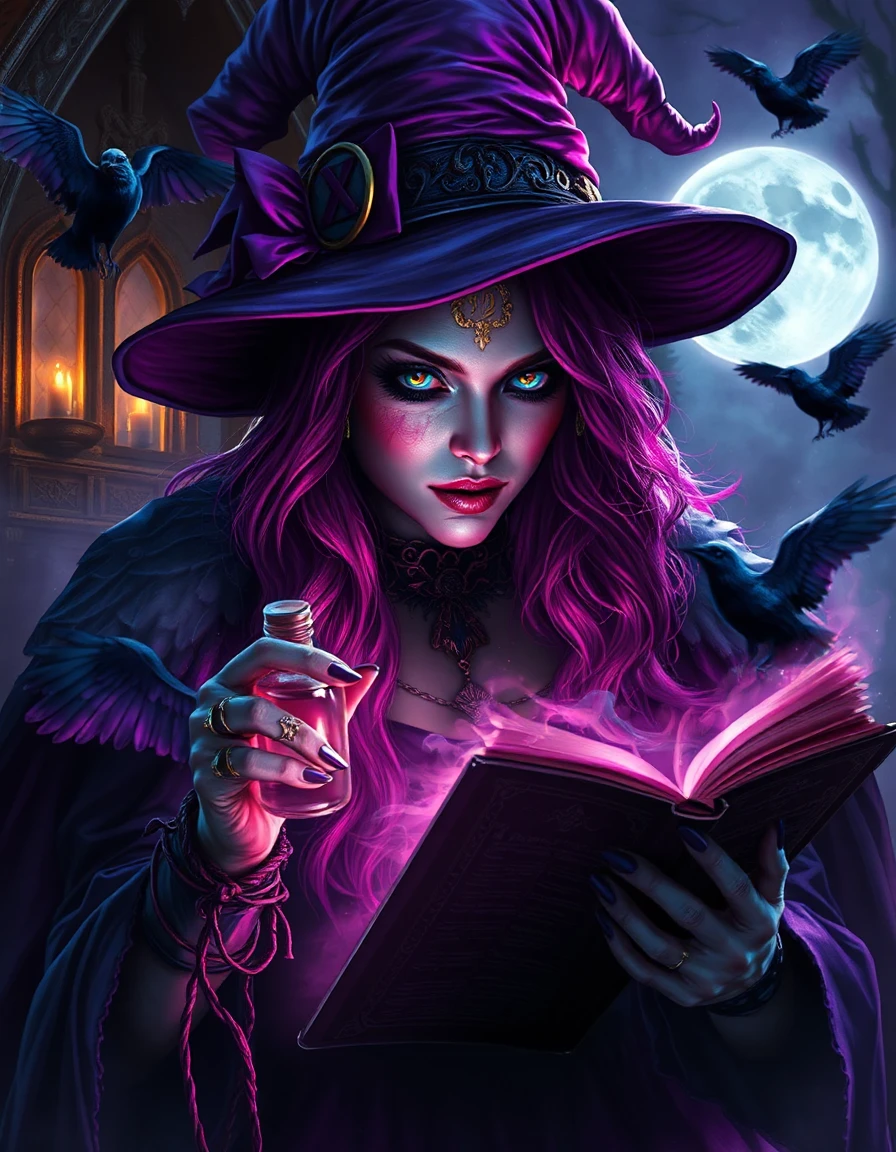 powerful witch, casting an elaborate spell, in witch's cottage, portrait close-up, moonlit, mysterious and suspenseful atmosphere, purple, magenta, and electric blue color palette, Victorian Gothic design influence, glowing runes and arcane symbols, ravens, spellbook, potion bottles, silver moon, enchanted fog, gothic digital art, moody atmosphere, masterpiece detail, intricate textures, exceptional clarity