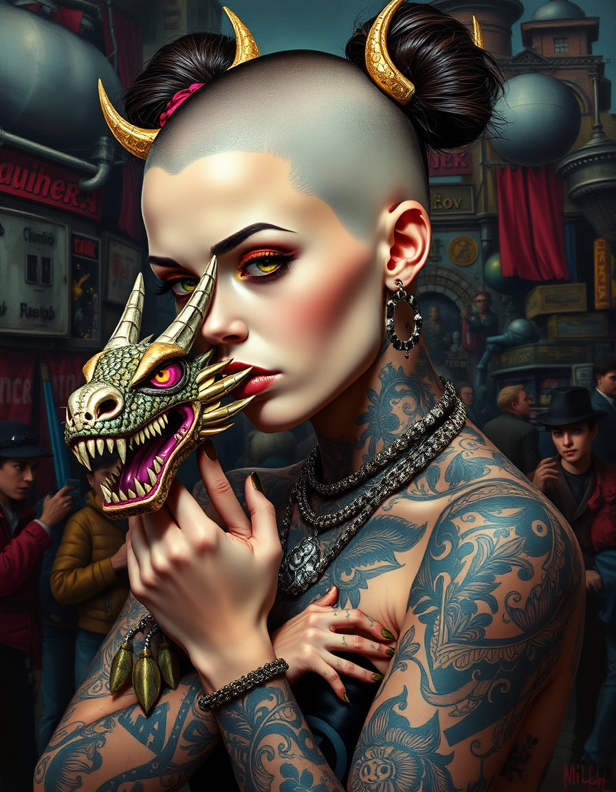 punk woman with shaved head, double sleek bun, intricate tattoos, holding a dragon avec des aile, wearing hip‑hop skull accessories with horns, bright yellow and pink cat eyes, in a chaotic punk rock background, antwerp school painting, meticulous surface detail, enamel-like deep jewel tones with warm flesh and gold accents, smooth layered oil glazes, refined invisible brushwork, polished gem‑like luminosity, elaborate composition with accurate perspective, densely populated architectural setting, richly textured yet flat matte surface, decorative yet precise, chromatic pleasure.