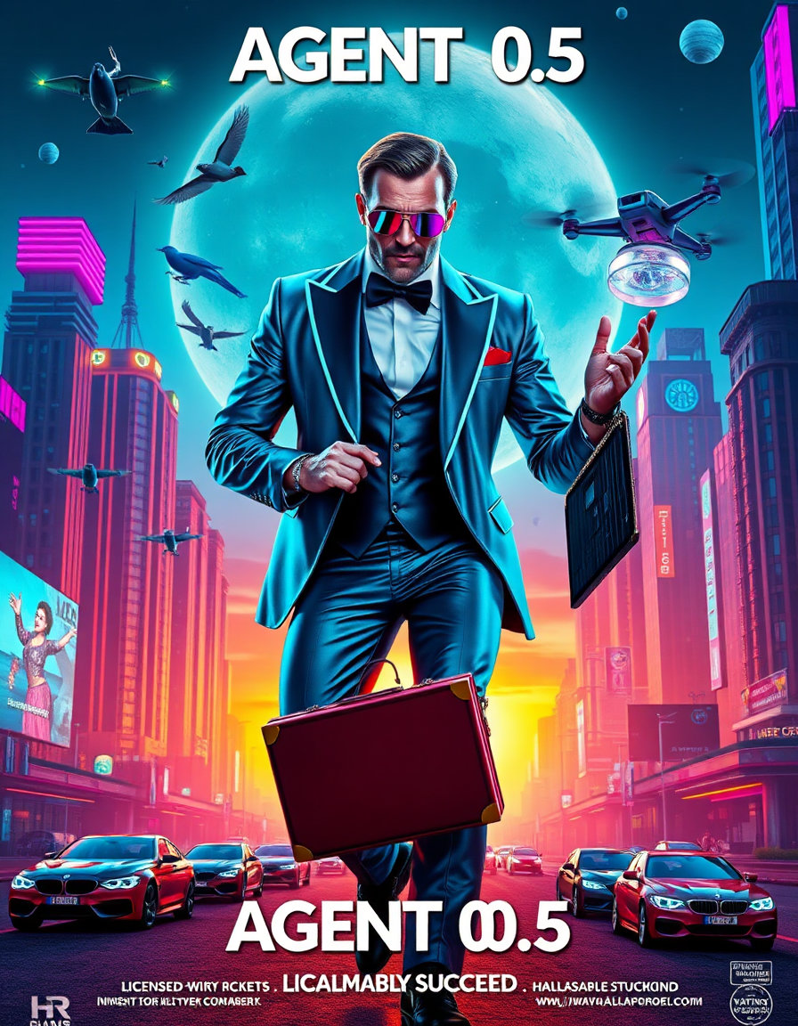 **Title:** **AGENT 00.5** Create a cinematic, high-end movie poster for a fictional comedy-action film titled **"AGENT 00.5."** The style is a colorful blend of retro-futurism, neon cyberpunk, and classic spy thrillers with a humorous twist. The hero is an overly confident but clearly underqualified secret agent in a sleek metallic tuxedo with glowing cyan trim, mirrored sunglasses, and a futuristic gadget watch that appears to be malfunctioning. He poses dramatically while accidentally dropping a high-tech laser briefcase. His expression is equal parts cool and confused. The background features a dazzling futuristic megacity at sunset with towering chrome skyscrapers, flying cars, holographic billboards, neon lights, energy highways, and hovering drones. Add colorful laser beams, floating spy satellites, and a giant holographic moon to create a vibrant sci-fi atmosphere. Include quirky futuristic spy gadgets scattered throughout the composition: robotic pigeons, jet-powered umbrellas, miniature hovering robots, holographic maps, plasma grappling hooks, and tiny AI assistants frantically trying to keep everything under control. Use an energetic color palette of electric blue, magenta, purple, teal, orange, and gold with glowing reflections, cinematic lighting, volumetric fog, lens flares, dramatic rim lighting, and sparkling neon highlights. Design the poster in the style of a premium Hollywood blockbuster with bold metallic typography for the title **AGENT 00.5**, subtle humorous details hidden throughout the artwork, and an epic sense of scale. Add a humorous tagline near the top: **"Licensed to Almost Succeed."** Include realistic movie poster elements such as billing block, fictional studio logos, rating box, release date ("Coming Soon"), and cinematic composition. The overall mood should be exciting, colorful, stylish, slightly ridiculous, family-friendly, and instantly recognizable as a spy comedy with futuristic sci-fi flair. **Aspect Ratio:** 2:3 (movie poster), ultra-detailed, photorealistic digital art, 8K quality, sharp focus, rich textures, vibrant colors, dynamic action pose, premium theatrical poster design.