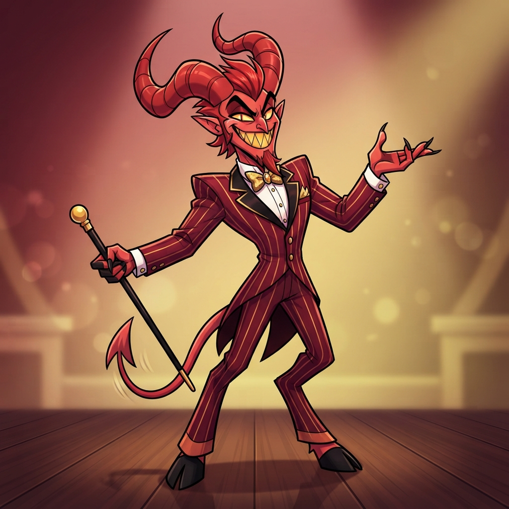 original character: a charismatic cartoon demon in a pinstripe suit and bow tie with curled horns and a wide fanged grin, sharp angular western cartoon style, bold black outlines, red and gold palette, clean soft gradient studio background, vibrant, crisp high detail, digital illustration