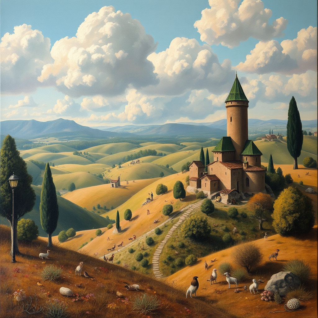 in a whimsical renaissance setting, reminiscent of tuscany's rolling hills, a fantastical landscape unfolds with intense surrealist undertones. the scene is rendered in a seamless blend of mythological fantasy and surreal medieval renaissance fairytale, with a cutaway perspective that plunges the viewer into its mystical heart. majestic fresco, rococo, and sfumato techniques mingle with chiaroscuro lighting, creating soft transitions and limited contrast that evoke a sense of mystery and enchantment. inspired by the likes of caravaggio and sandro botticelli, the style is characterized by a warm ochre palette, with earthy browns, muted reds, and desaturated greens that evoke a sense of nostalgia and wonder. oil paint is visibly applied in textured brushstrokes, imbuing the image with a tactile quality and matte non-reflective surfaces that seem to radiate a soft, ethereal glow. the medium is oil on panel, the technique is alla prima, with loose brushwork that captures the essence of spontaneity and creative freedom.