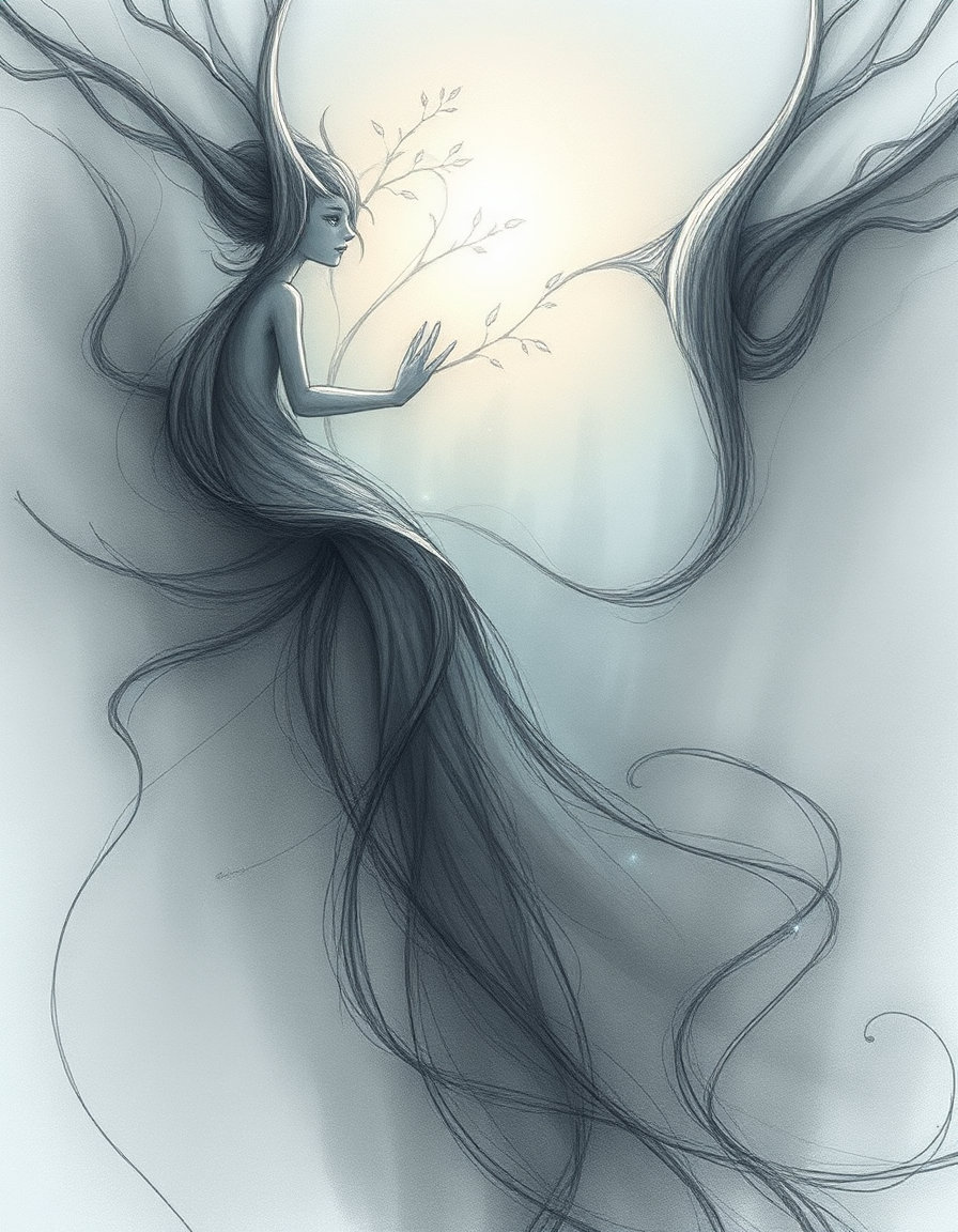 a fantasy dream depicted with a fine pencil sketch technique, featuring delicate lines and subtle textures that evoke an ethereal feel. soft, diffused lighting creates a gentle glow in the center, enhancing a mystical atmosphere. the color palette is dominated by muted blues and grays, with a touch of warm light highlighting key areas and providing contrast. the overall mood is dreamlike and enchanting, imbued with an underlying sense of mystery and magic. the artwork exhibits intricate, swirling patterns and fine detailing that contribute to a sense of movement and depth, with a flurry of strokes following the direction of the lines. the style is influenced by fantasy art and storybook illustrations, possessing a whimsical yet haunting quality.