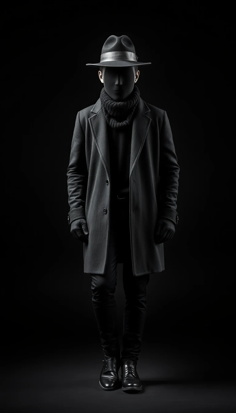 Create a full-body mysterious anonymous male avatar inspired by the reference image. Tall and confid