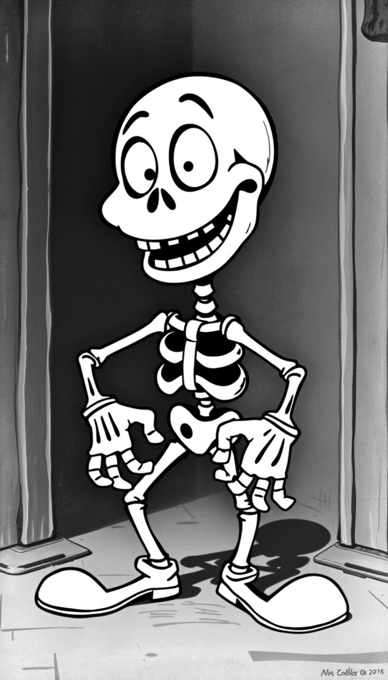 1930s Fleischer-style rubber hose cartoon character, anthropomorphic skeleton , expressive pie-cut eyes, giant vintage cartoon smile, bendy rubber hose arms and legs, white gloves, oversized shoes, cheerful spooky personality, authentic early 1930s cel animation aesthetic, old-fashioned haunted radio character, black and white vintage film frame, hand-painted background, surreal Fleischer atmosphere, thick ink outlines, subtle animation wobble, film grain, cel dust, monochrome ink shading, vintage cartoon proportions, highly authentic rubber hose animation style
