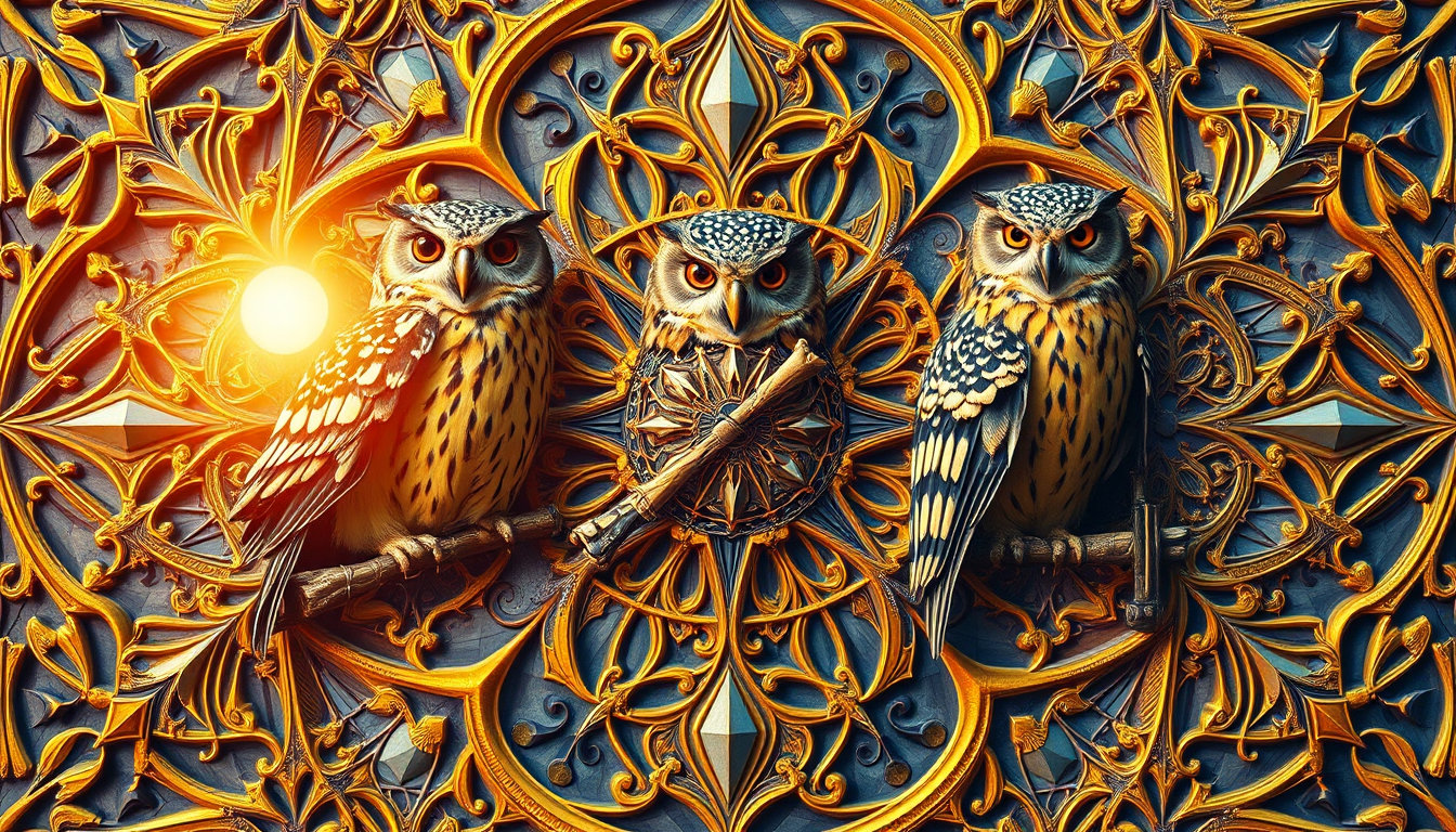 An intricate geometric tessellation featuring owls and none, constructed using perfect mathematical fit, layered with impossible geometry, influenced by M. C. Escher, rendered in Art Nouveau style, using a gold and indigo palette, illuminated with golden hour, created as mosaic tile, composed as seamless tile, with a mystical atmosphere, operating in textile designer mode, sacred geometry mode, Escher transformation mode, optical illusion mode, fantasy world mode, enhanced with seamless repeating pattern, microdetail enhancement, ornamental gold detailing, optical illusion effects, fractal enhancement, recursive visual structures, volumetric atmosphere, intricate linework, ultra ornate detailing, symbolic geometry overlays, cathedral complexity, infinite recursive depth, complexity 75/100, surrealism 60/100, geometric precision 92/100, decorative density 80/100, chaos versus order 45/100, symbolic intensity 70/100, recursive depth 85/100, architectural scale 65/100, elegant recursive structures, cinematic quality, ultra detailed, highly intricate pattern systems, professional AI art composition, masterpiece quality, 8k detail