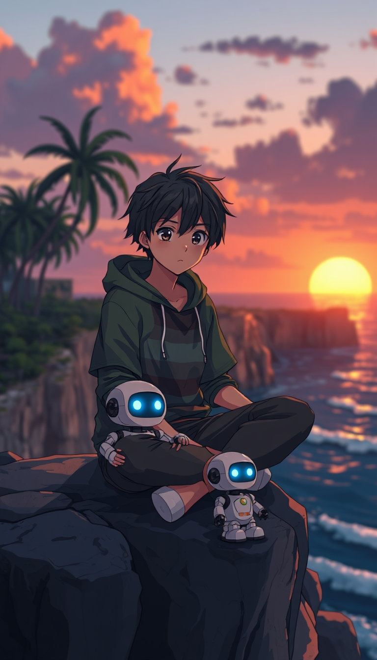 A cinematic anime-style illustration of a lonely teenage boy sitting cross-legged on a rocky cliff by the sea during sunset. The boy has messy dark hair, soft expressive eyes, and wears a green hoodie, striped t-shirt, and casual pants. Beside him sits a small cute robot with glowing blue eyes, metallic white body, and a friendly design.
The background shows a tropical coastline with palm trees, cliffs, gentle waves, and a glowing orange-purple sunset sky reflecting on the ocean water. Calm, emotional, peaceful mood. Soft lighting, warm color palette, highly detailed, anime cinematic art, depth of field, ultra high quality, 4k illustration, Studio Ghibli inspired, digital painting.