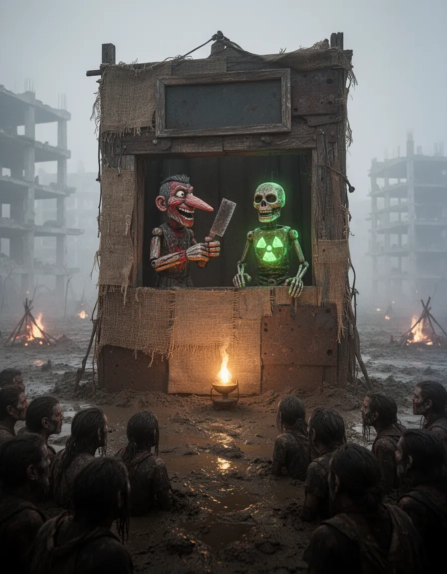 in a desolate, post-apocalyptic mud flat, surrounded by skeletal concrete ruins and shrouded in an impenetrable layer of volumetric fog, a primitive puppet booth constructed from salvaged scrap wood, rusted metal, and layered, patched burlap looms large, its weathered facade a testament to the ingenuity of its creator. the booth's narrow, framed viewing window at the top is a stark contrast to the bleak surroundings, as two warped, roughly carved wooden puppets are illuminated by a harsh, flickering yellow oil light from below. eusa, a terrifying punch-like puppet with a long nose, peeling red and black pigment, and an expression of manic greed, holds a crude wooden cleaver in a grasping hand, his fingers closing in like a vice around the weapon. his counterpart, the "little shinin man," a skeletal, unsettling puppet painted with a faint, toxic luminescent green glow, bears a faded, rusted radiation symbol on its chest, its very presence seeming to pulse with an otherworldly energy. as the camera looks up at this grim tableau, the viewer is struck by the extreme high contrast between light and dark, with the oil light from below casting long, ominous shadows across the makeshift stage. the scene is bathed in an eerie, cinematic glow, with every detail rendered in precise, hyper-fidelity, from the aged wood grain to the intricate texture of the puppet's worn, painted skin. in the foreground, a dense crowd of dirt-streaked tribespeople watches in eerie silence from the mud, their faces lit only by the faint glow from the window and scattered, distant campfires. their features are a blur of darkness and shadow, with only the faintest hint of individuality peeking through the gloom. the image is a masterclass in atmosphere and mood, with every element working in harmony to create a sense of claustrophobic, surreal tension. the lighting is a work of art, with the volumetric fog casting an eerie, glowing aura over the entire scene, while the high contrast and photorealistic hdr elements combine to create a sense of depth and dimensionality that draws the viewer in. the image has a gritty, raw feel to it, with every texture and surface rendered in hyper-fidelity, from the rough-hewn wood of the puppet booth to the cracked, weathered concrete of the ruins. the result is a scene that is both hauntingly beautiful and deeply unsettling, a true masterpiece of atmospheric, cinematic storytelling.