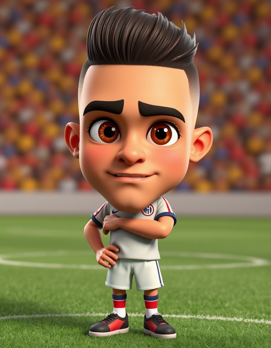 "Create a 3D cartoon of a tall male soccer player with tan skin. He has big, expressive eyes, a pronounced nose, and a high fade haircut. Make him wearing a soccer uniform, standing confidently on a soccer field. Style should be 3D cartoon, colorful, detailed, dynamic pose, realistic proportions with exaggerated cartoon features."