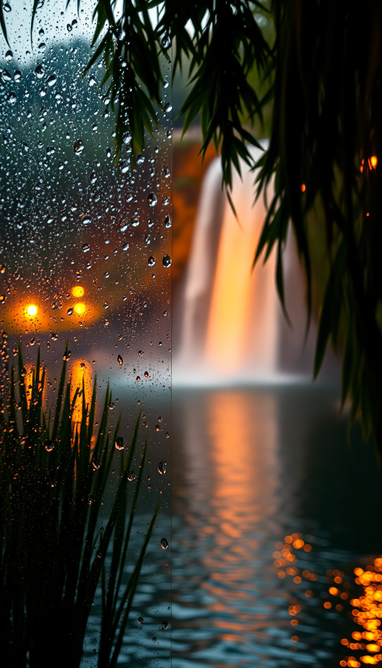 04 cascada cristal: a hidden lake beside a waterfall at sunset, seen through a textured glass pane fogged by rain droplets, with vertical lush vegetation framing the scene, warm artificial lights flickering and reflecting off the water, the distant background and waterfall softly blurred with a gentle bokeh effect, serene atmosphere, rich amber and teal hues, detailed rippling surface of the lake, misty spray illuminated by the glowing lights.