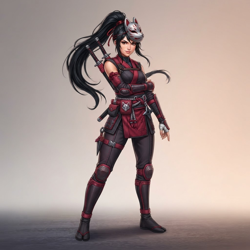 original character design of a confident young woman ninja, crimson and charcoal outfit, silver fox mask pushed up on her forehead, twin daggers, long black ponytail, full body standing pose, clean soft gradient studio background, vibrant, crisp high detail, digital illustration, no text, no words, no watermark