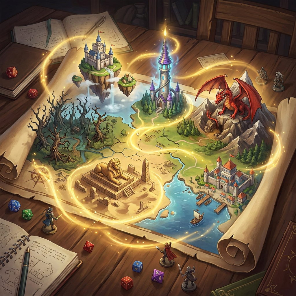 A fantasy worldbuilding scene for a tabletop RPG campaign. A dungeon master’s parchment map expands into a living world: floating islands, a cursed forest, a glowing wizard tower, a desert ruin, a seaside kingdom, and a dragon’s mountain lair all rising from the map as miniature cinematic landscapes. Dice, notes, and small figurines surround the map on a wooden table. Magical golden light, cozy campaign-prep feeling, highly detailed fantasy illustration, wide composition, no readable text, no logos, no UI, no watermark.