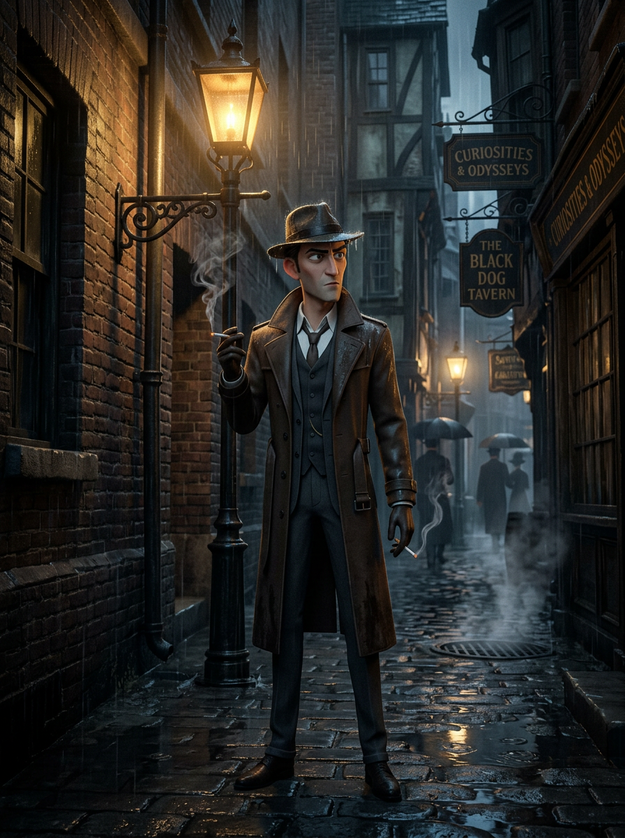 Original character for The Gaslight District: a sharp-eyed detective in a trench coat under a glowing gas lamp, noir mood, full body, stylized 3D animation, rainy Victorian alley, dramatic shadows