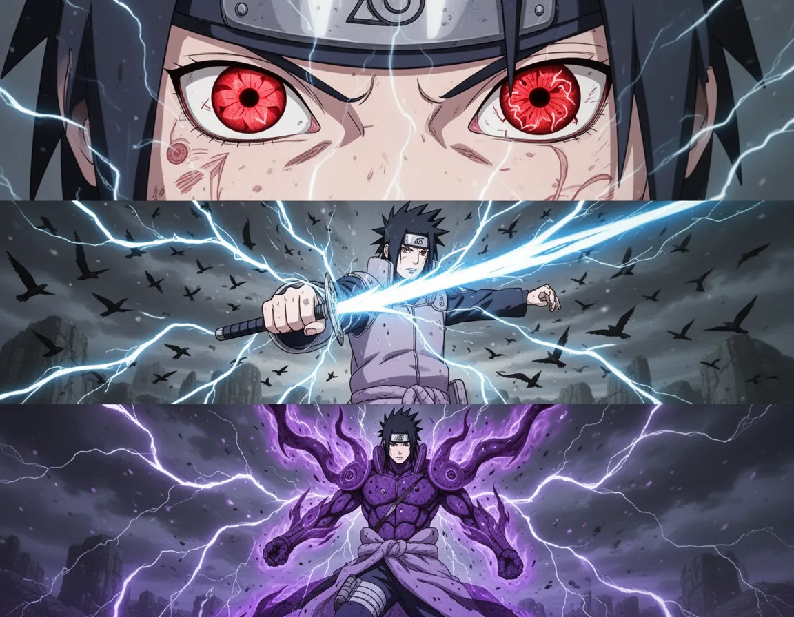 Sasuke Uchiha three-panel triptych, iconic anime format stacked vertically, top: Sharingan evolution close-up from one tomoe to Mangekyo pattern, middle: Chidori lightning blade thrust with thousand birds sound effect visual, bottom: Susanoo perfect form towering with purple chakra armor, Studio Pierrot style, electric blue and purple lightning effects, dramatic ninja aesthetic, 4k anime quality