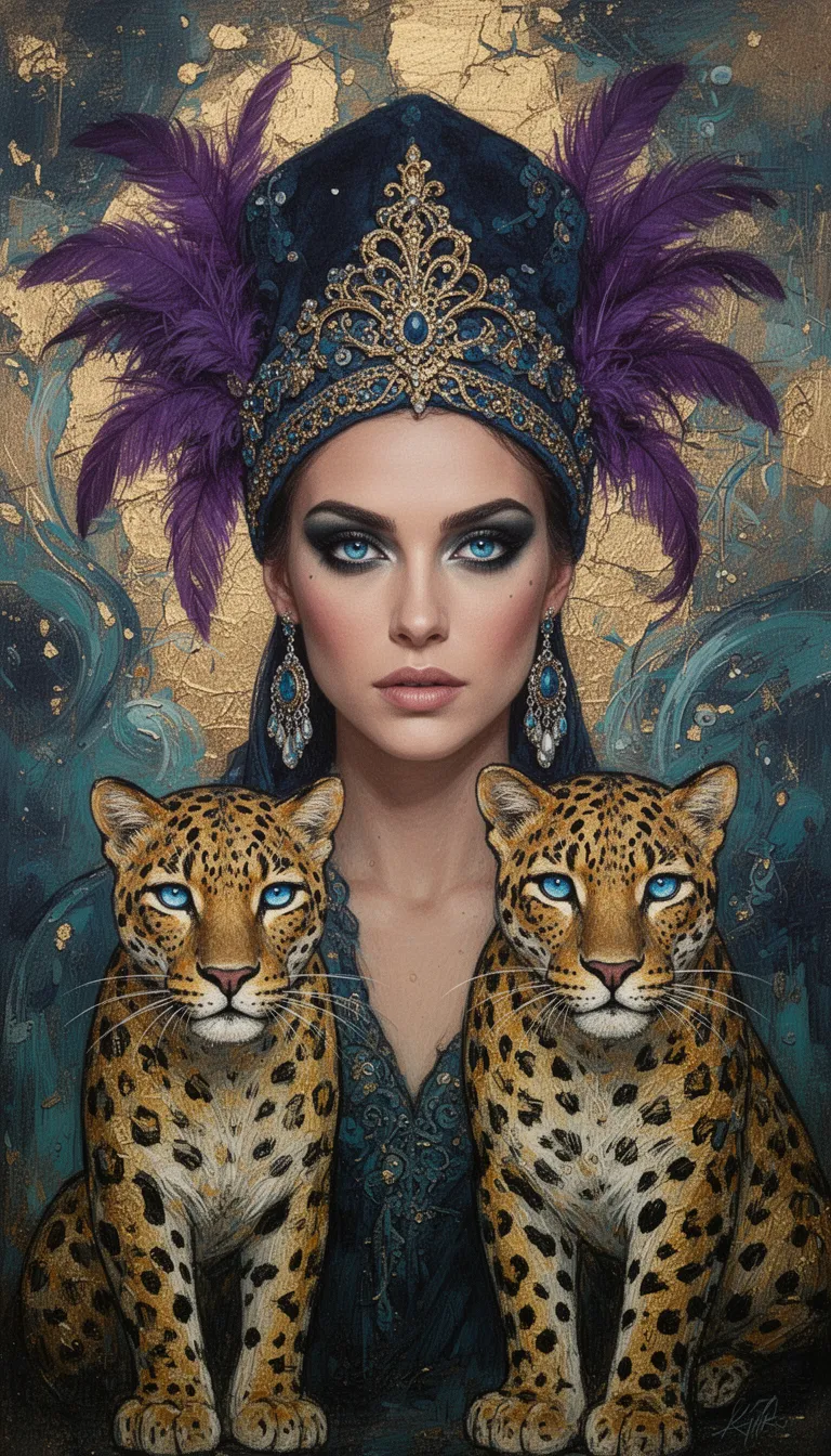 Portrait of a woman with intense blue eyes, wearing an ornate dark blue headdress adorned with gold filigree and purple feathers, heavy smoky eye makeup, and large dangling earrings. Beside her stands a stylized golden leopard with intricate patterns and blue eyes. The background is a rich tapestry of gold leaf, swirling abstract patterns, and deep blues and teals. Artistic mixed media style, textured, cinematic lighting, shallow depth of field, vibrant colors, 85mm portrait.