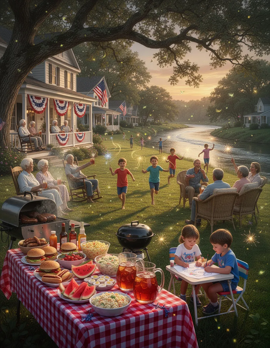 hyper‑realistic, ultra‑sharp cinematic photograph of a nostalgic 4th of july neighborhood block party in the american south at golden‑hour twilight, captured with master‑class detail and crystal‑clear micro‑textures. a sprawling oak canopy shades a lush green lawn atop a hill that slopes toward a gently flowing river, casting long, warm golden shadows across the scene. classic southern homes with wide wraparound porches line the background, their porches adorned with vintage red, white, and blue pleated bunting and softly waving american flags. elderly couples sit in rocking chairs on the porches, sipping sweet tea and gazing toward the river, their faces illuminated by the soft evening light. in the foreground, a long folding table draped in a bright red‑and‑white gingham cloth is laden buffet‑style with southern barbecue: smoky hot dogs and juicy burgers with condiments, sliced watermelon, potato salad, deviled eggs, pasta salad, and condensation‑beaded pitchers of sweet iced tea. a classic charcoal grill emits gentle wisps of smoke, its metal gleam rendered with intense rim lighting, specular micro‑highlights, and realistic subsurface scattering on the grill’s steel surface. children run barefoot across the grass, their bright faces lit by the warm glow, chasing fireflies that blink softly in the moist evening air. some kids twirl sparklers, leaving glowing trails of light that are captured with volumetric highlighting and ray‑traced global illumination. two children sit at a miniature picnic‑style kids table, coloring pages focused on the celebration, their tiny hands detailed with ultra‑fine texture. adults gather in a circle of retro woven lawn chairs, laughing and sharing stories, their clothing and surroundings rendered with 32k pbr textures, deep parallax depth, and ambient‑occlusion shadows that give each fabric weave and wood grain a tactile presence. the entire scene is illuminated with high‑dynamic‑range lighting, intense rim lighting, and crystal‑clear micro‑details, achieving a hyper‑realistic light bounce and multilayered shading that mimics a vintage americana painting fused with classic kodachrome film tones. the final image is rendered in 8k resolution, using octane and unreal engine 5.4‑style ultra‑sharp 3d textures, delivering a masterpiece‑level, glossy, wet‑shiny surface overlay that emphasizes every edge, texture, and highlight with impeccable clarity.