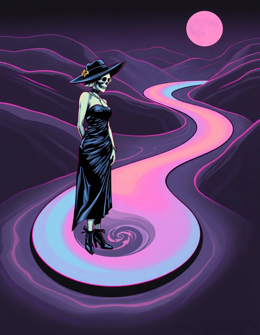 une femme élégante en chapeau skull gothique de cuir noir, bottines courtes à motif skull, entourée de gargouilles sur un fond sombre, dreamlike stillness, couleurs pastel douces, brume légère, contours flous, atmosphère sereine et surréaliste, lumière filtrée par une légère brume, mouvement lent et silencieux.A winding river rendered in 1960s psychedelic poster style—undulating contour lines and vibrating complementary colors. COMPOSITION: serpentine S-curve river dominating the frame, bordered by swirling hills. LIGHTING: flat but hyper-saturated; neon gradients pulse along the river’s edges. STYLE: psychedelic ink—wavy outlines, optical moiré patterns, bold lettering shapes integrated into landscape contours. MOOD: surreal, electric, rhythmically hypnotic.