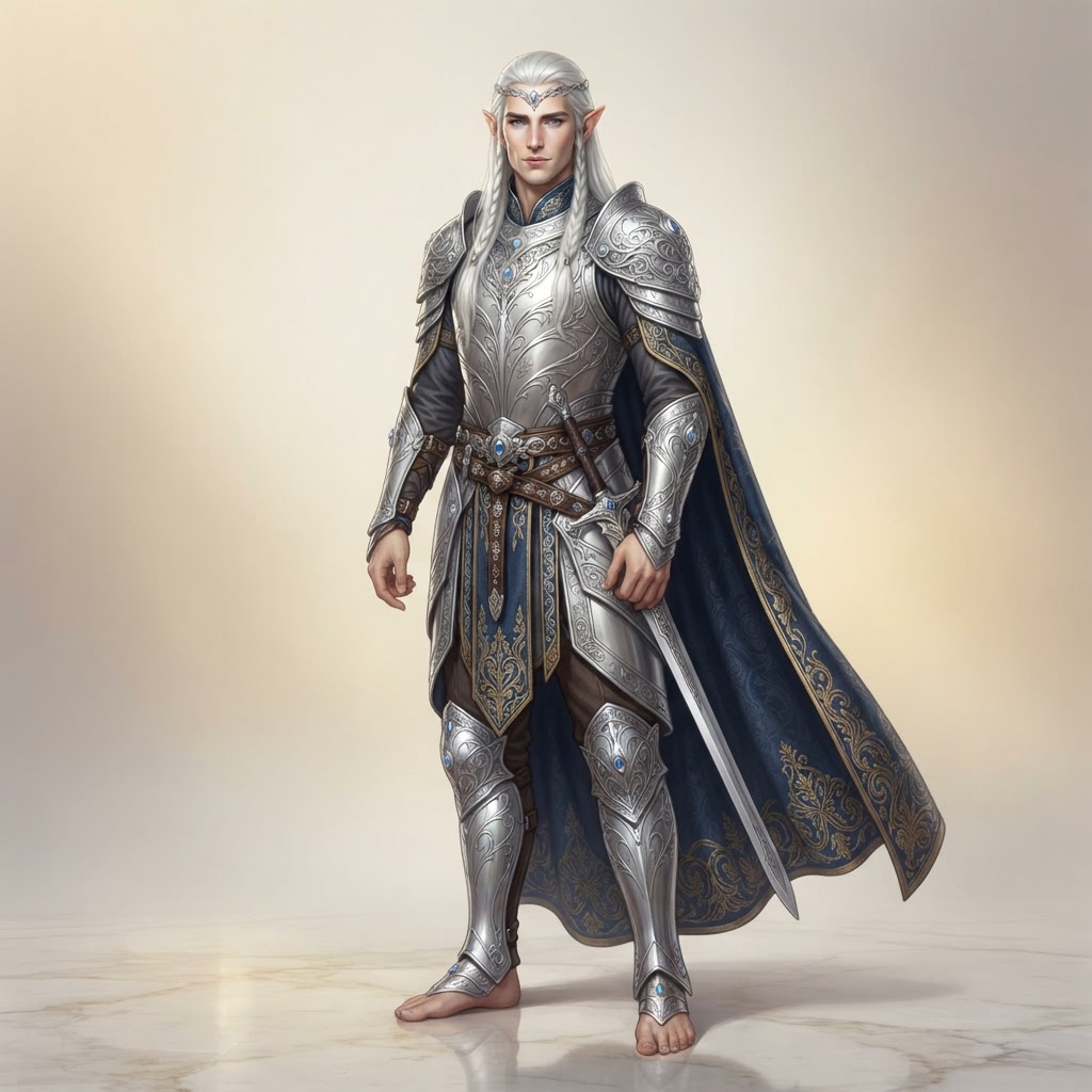 original character design of a tall male high elf, ornate silver filigree armor, long white hair, pointed ears, full body standing pose, clean soft gradient studio background, vibrant, crisp high detail, digital illustration, no text, no words, no watermark