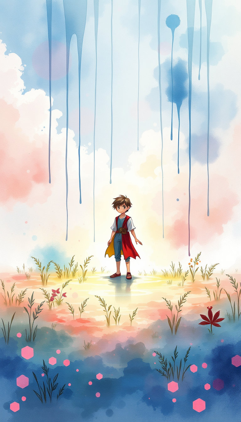A young mage stands in a clearing as watercolor paint drips upward from the ground. COMPOSITION: centered figure surrounded by drifting pigment clouds; soft radial layout. LIGHTING: diffuse pastel glow, no hard shadows, ambient illumination from floating color clusters. STYLE: anime + aquarelle hybrid—feathered strokes, color blooms, semi-transparent outlines. Spell glyphs appear only as soft brushstrokes, never hard shapes. MOOD: gentle, magical, painterly.
