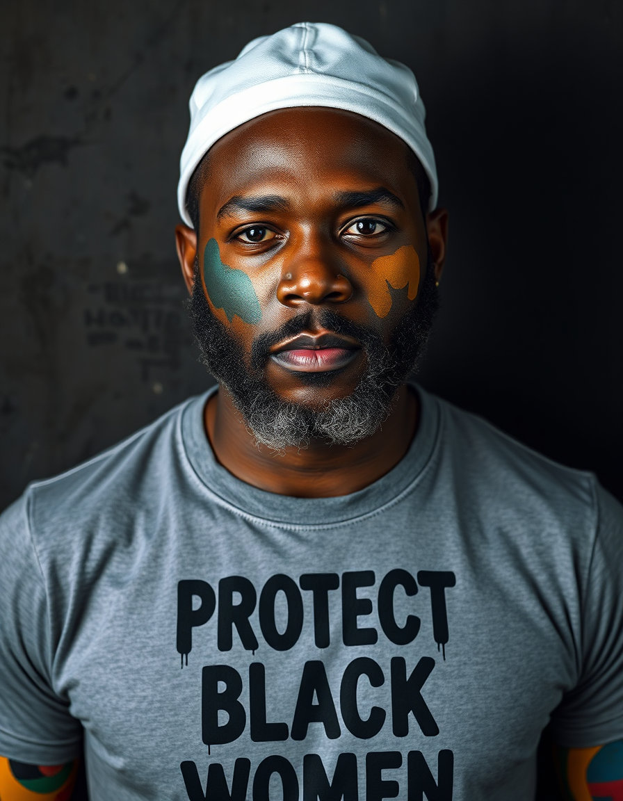 Portrait of a Black man with beard and white cap, wearing grey t-shirt with bold black text "PROTECT BLACK WOMEN.", face and arms painted in vibrant multicolored abstract patches, dark textured background, dramatic chiaroscuro lighting, expressive brushwork, contemporary street art style, 85mm portrait lens, shallow depth of field, vivid colors against muted tones.