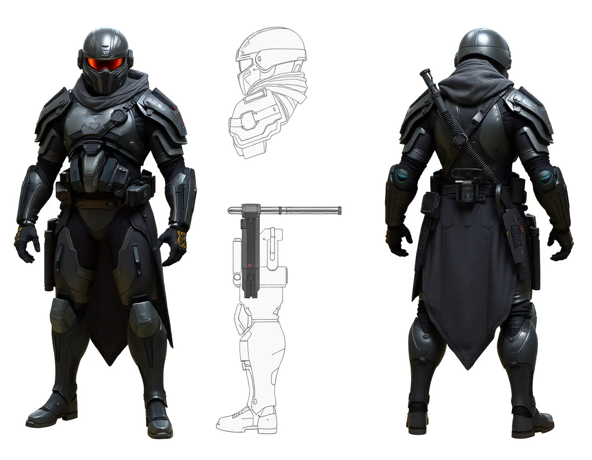Futuristic sci-fi soldier with full armor. Photo realistic style. Model sheet with front, back and side view of the model. Fantasy sci-fi ninja