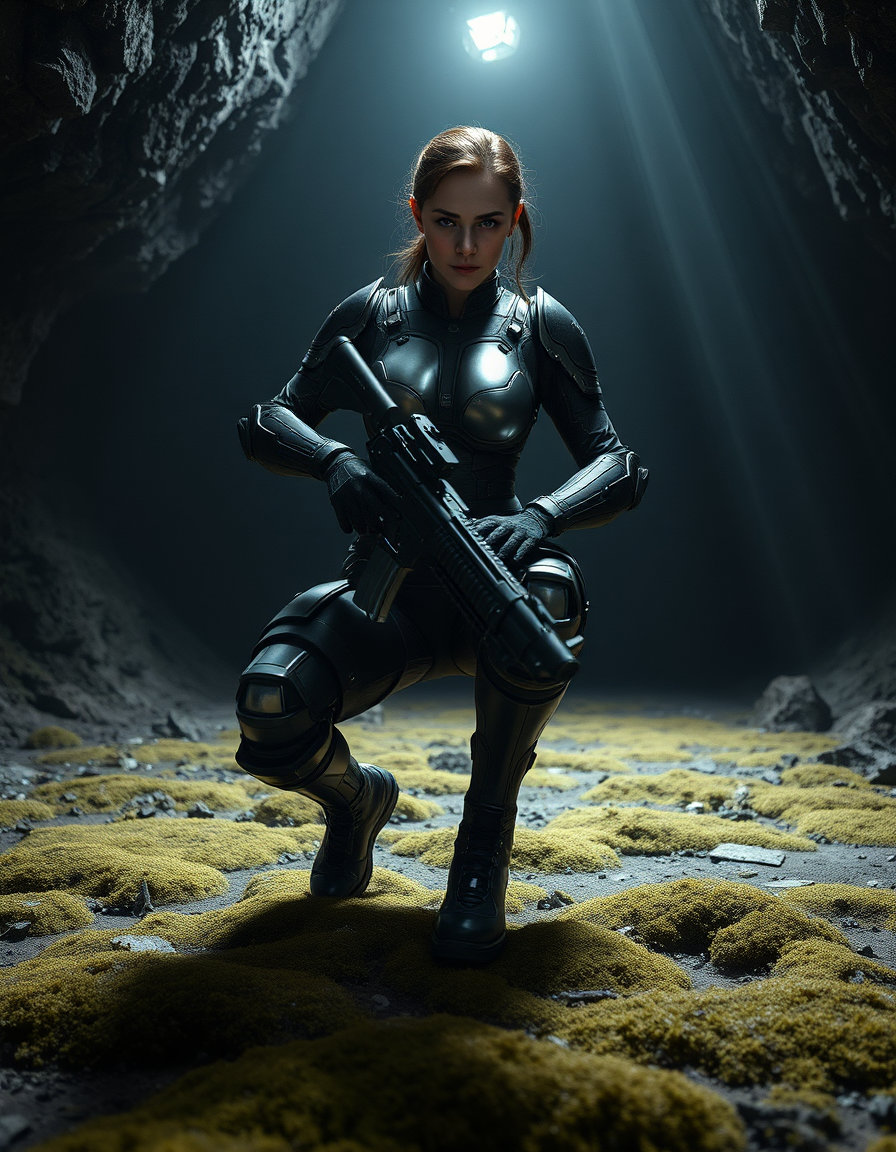 a full body shot of a female sci-fi operative in a dynamic crouch, weight shifted to her left leg, holding a weapon low and forward. she has a tense, alert, ready-for-combat mood with high kinetic potential. her costume features exposed torso with a central vent, articulated shoulder pads, and knee armor, with facial markings. the environment is a subterranean cavern or industrial interior with a rough stone ceiling and mossy ground texture, against a dark void background. the lighting is artificial and indeterminate, with a single key light from the front-right and rim lighting from the back-left, creating hard shadows, high contrast, and specular highlights with a cool neutral, metallic reflection color temperature. the composition is a vertical full body shot with a low angle, looking upwards, with the subject centered and dominating the frame. textures include polished metal, matte fabric, rough stone, and organic moss, with anisotropic specular on armor, smooth skin, and rough terrain, and high reflectivity on metallic surfaces. the image should have a shallow depth of field with a soft background blur, rendered in a photorealistic cgi style with ray tracing, global illumination, and subsurface scattering, within a monochromatic silver palette with high-key metallic tones and a desaturated background, evoking a sci-fi concept art, cyberpunk aesthetic, and futurism. volumetric fog is present, scattering light into soft, radiant beams, reducing contrast in distant objects, enhancing atmospheric depth, and creating diffused, multi-layered shadows, emphasizing scale and mood. centered symmetry is applied, with the subject sitting perfectly in the center, mirrored along a vertical axis, with equal weight on both sides of the frame and lighting emphasizing symmetry by radiating evenly outward. cinematic realism is achieved through photorealistic detail, sharp focus, and detailed textures, resembling a film still. the shot is a close-up filling the frame almost entirely with the subject, with sharp focus on their details, and the background dissolving into a buttery blur.