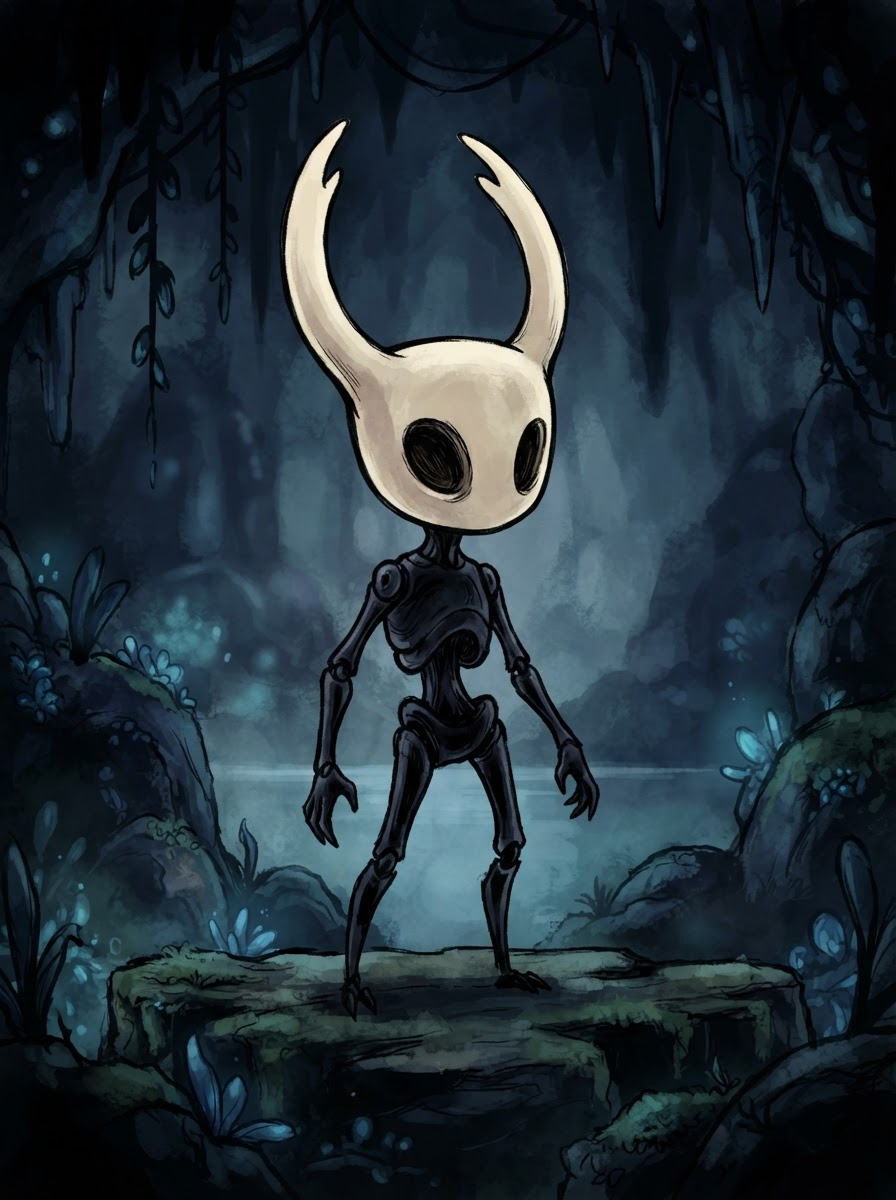 A small black vessel, void-dark and hollow, with two long curved horns sweeping up from a smooth pale-cream mask — no cloak yet, no eyes, just the empty shape waiting., in the style of Hollow Knight, hand-drawn gothic 2D art, muted blues and blacks with glowing white eyes, painterly hollow-shell bug character, full-body character portrait, centered, relaxed lively stance