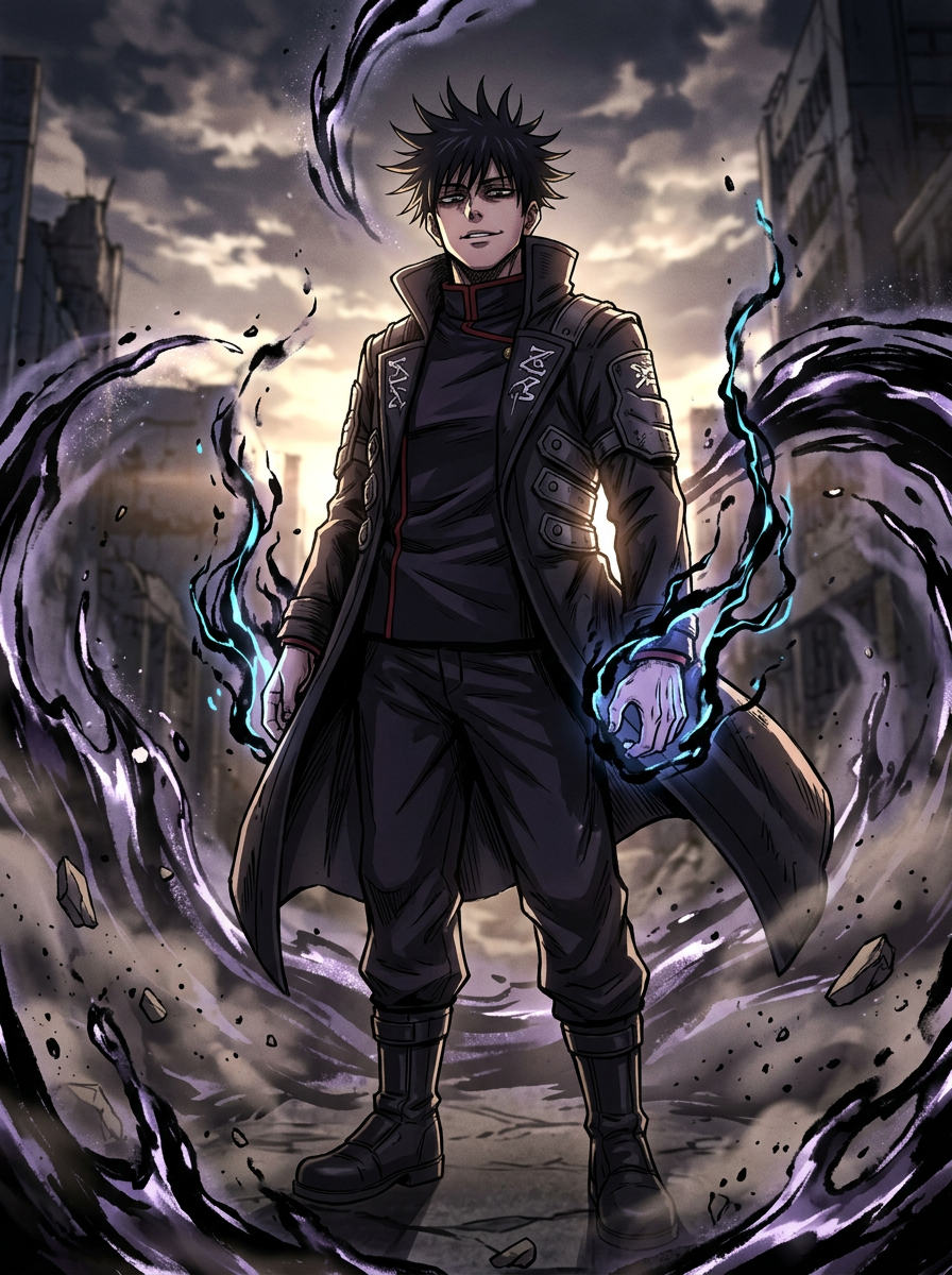 a special grade sorcerer at the peak of power, immense cursed-energy aura distorting the air, calm overwhelming presence, dramatic backlighting, Jujutsu Kaisen anime style, cinematic MAPPA-inspired action, crisp cel shading, dynamic cursed-energy effects, dramatic ink linework, high-contrast lighting, fluid action poses, detailed sorcerer uniforms, intense facial expressions