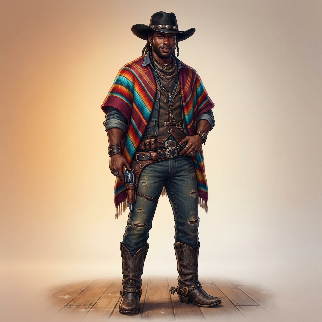 original character design of a dark skinned cowboy in a black hat and striped serape poncho, boots and spurs, full body standing pose, clean soft gradient studio background, vibrant, crisp high detail, digital illustration, no text, no words, no watermark
