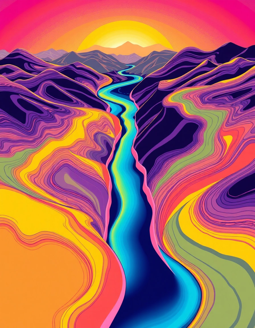 A winding river rendered in 1960s psychedelic poster style—undulating contour lines and vibrating complementary colors. COMPOSITION: serpentine S-curve river dominating the frame, bordered by swirling hills. LIGHTING: flat but hyper-saturated; neon gradients pulse along the river’s edges. STYLE: psychedelic ink—wavy outlines, optical moire patterns, bold lettering shapes integrated into landscape contours. MOOD: surreal, electric, rhythmically hypnotic.