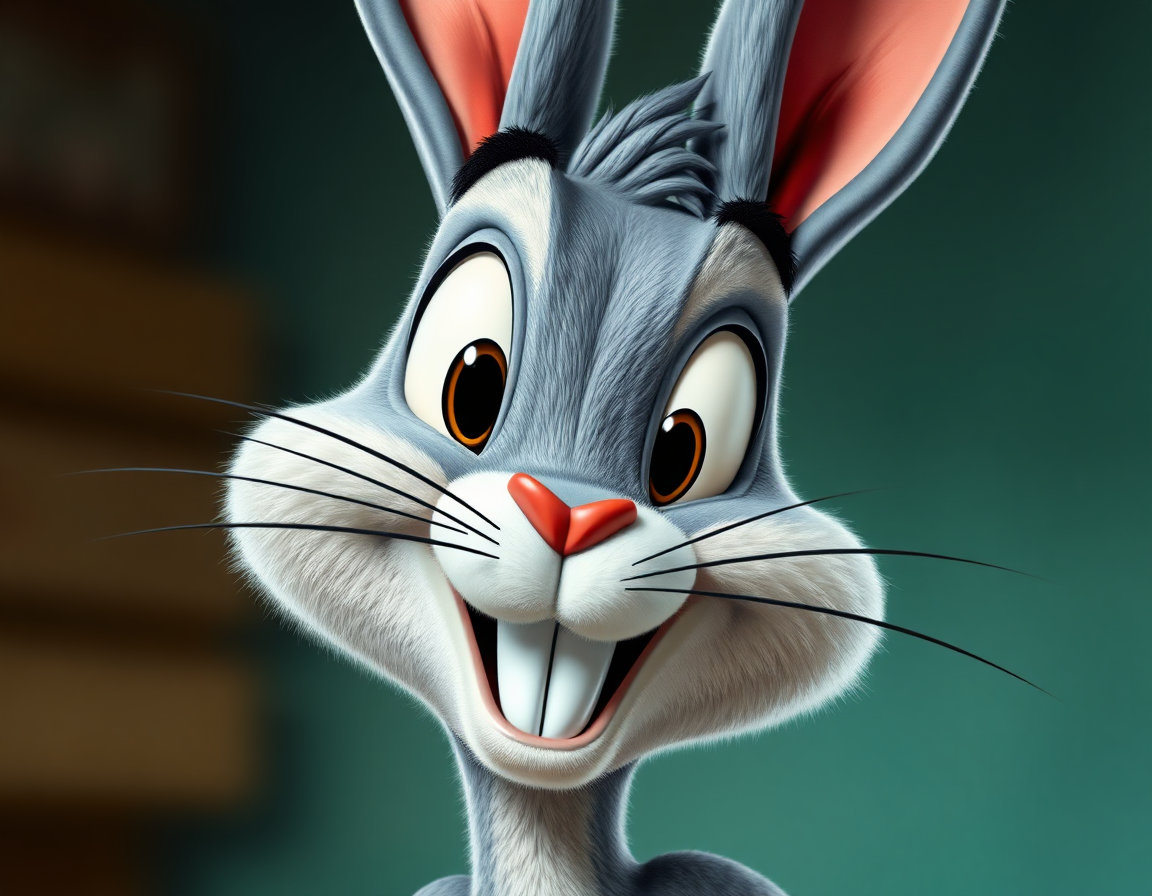 a realistic photograph of a rabbit with a stylized, exaggerated looney tunes cartoon appearance. imagine a warner bros. style cartoon character, but with a realistic texture and lighting. the rabbit should have large, cartoonish eyes, a prominent nose, and an exaggerated smile, all while maintaining a lifelike, photorealistic texture. incorporate the classic looney tunes color palette, with bright, vibrant colors and bold lines, applied to a highly detailed and realistic photorealistic representation of the subject.