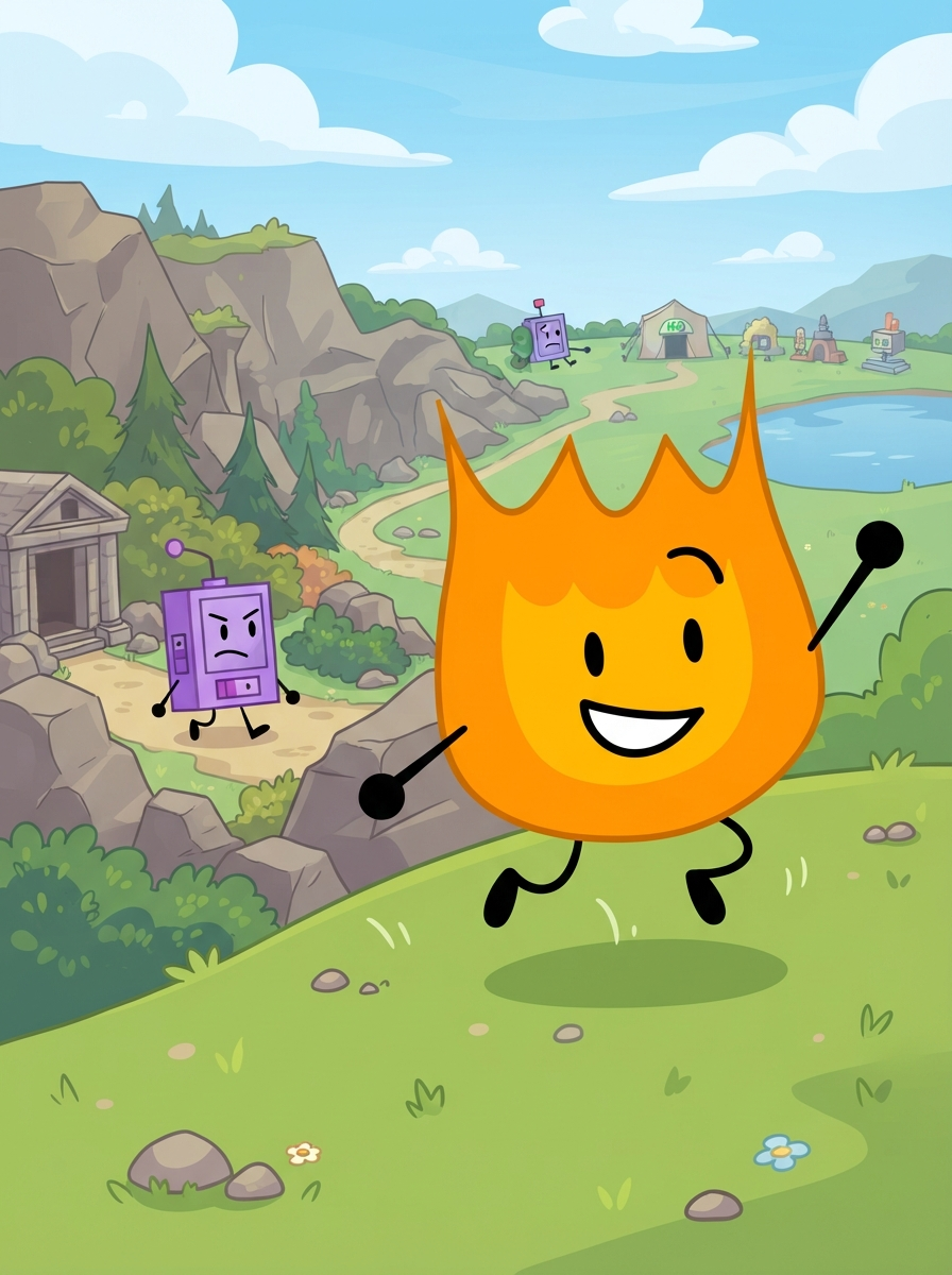 Firey from bfdi (Battle for dream island) and add Liy from bfdi in the background