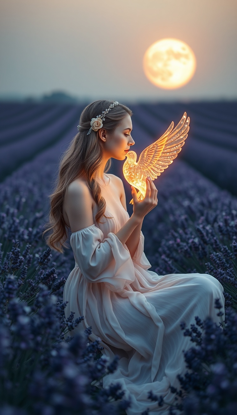 A cinematic, surreal fantasy scene set in a vast lavender field at dusk. A young woman with fair ski