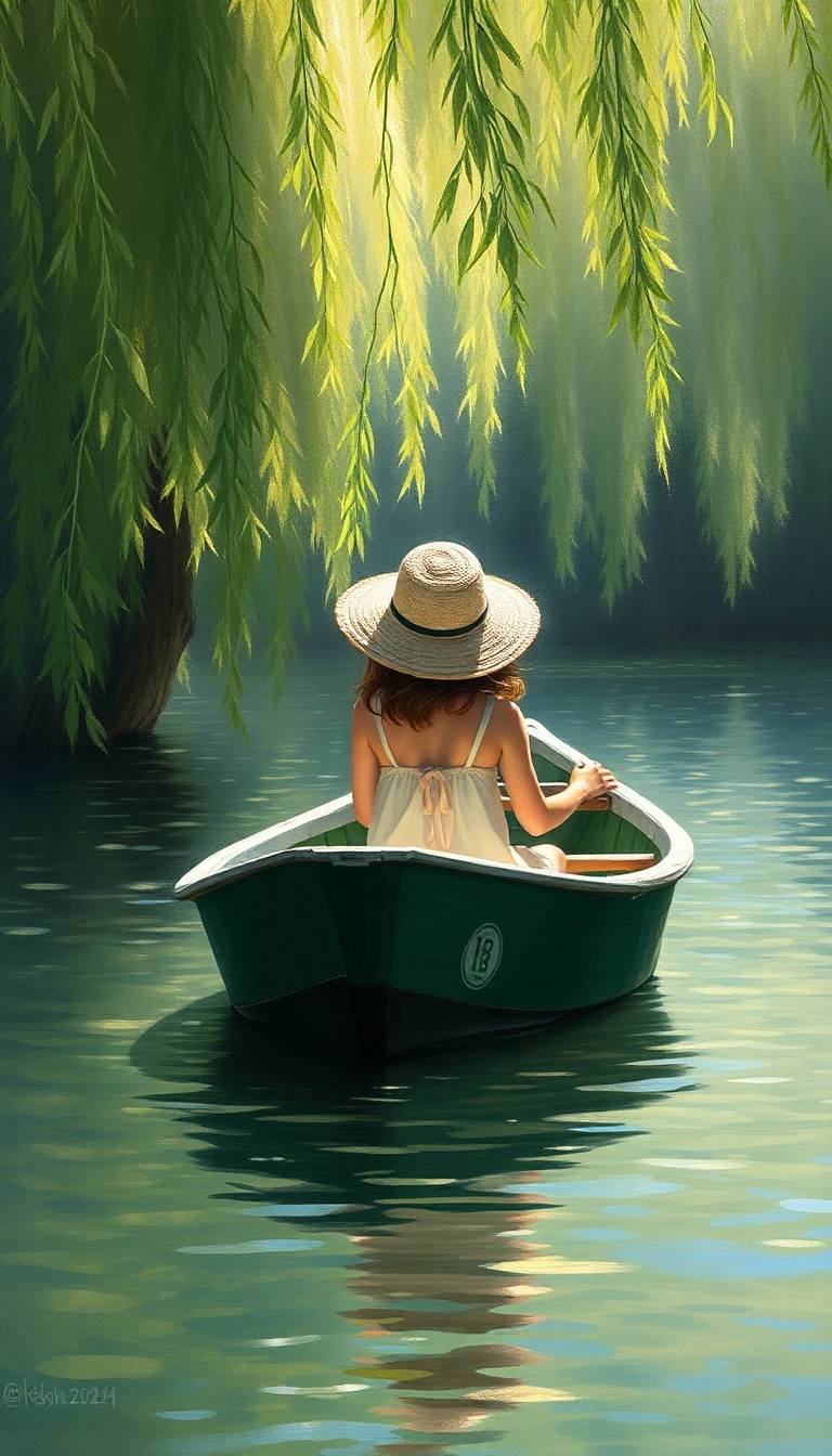 Impressionist oil painting of a young girl in a straw hat sitting alone in a green wooden rowboat on a calm river, dappled sunlight filtering through overhanging willow branches, soft brushstrokes, serene atmosphere, shallow depth of field, muted greens and blues, 85mm portrait lens, textured canvas, Monet-style water lily garden ambiance