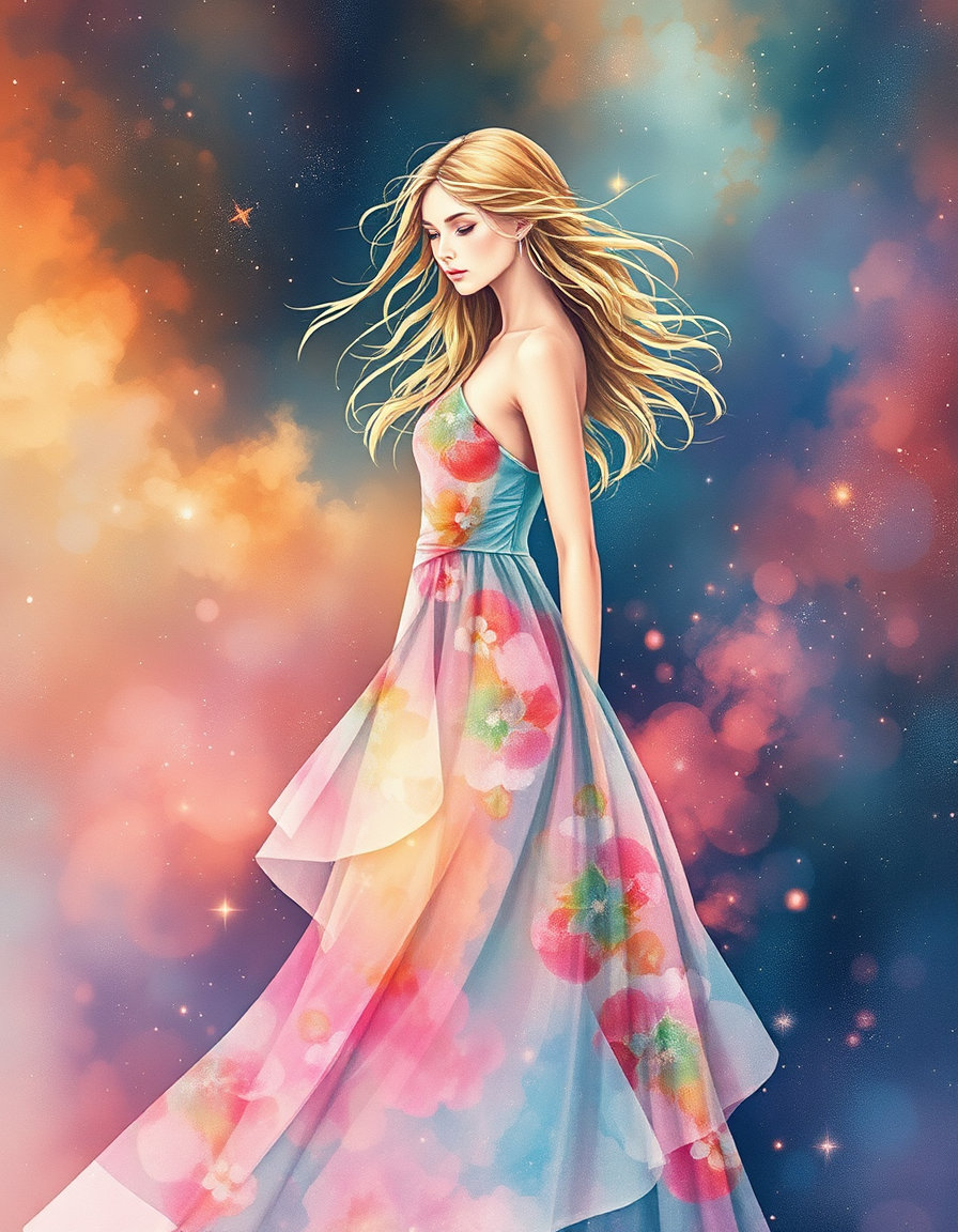 in a mesmerizing display of chromatic fusion, multiple transparent layers of shimmering cosmic dust overlap and blend within a frame, each tinted in its own distinct palette of nebulous hues, rendered in soft, dreamy watercolor strokes, delicate washes, and gentle texture overlays. vibrant, otherworldly colors from one layer seep into another, creating zones of intersection where hues merge and blend in a subtle, swirling dance of light and color. the visual tension between these layers gives the impression of multiple timelines ghosting atop one another, as if the very fabric of reality has been layered and distorted by celestial forces, with gentle, ethereal light and soft, feathery textures guiding the eye through the atmosphere.

within this dreamy, kaleidoscopic scene, a subject emerges, draped in a nature-woven dress that seems to come alive with the same soft, nebulous colors as the overlapping layers, with delicate washes and gentle texture overlays emphasizing the intricate, woven details of the fabric. the dress appears to be woven from threads of stardust, galaxy-born flowers, and shimmering cosmic particles, blending harmoniously into a soft, impressionistic backdrop. the subject's figure is re-rendered in the style of a delicate watercolor, with soft, feathery lines and delicate, expressive strokes that seem to flow across the page like a quiet, gentle stream.

the character's skin is a soft, glowing canvas, with a delicate, translucent quality that suggests life and vitality, as if infused with the essence of distant stars. their hair flows behind them like a river of gentle, soft mist, individual strands catching the subtle, diffused light of nearby nebulae and shimmering with a delicate, ethereal glow. the subject's elegant features are brought to life with a deep focus on gentle curves and soft, delicate proportions, set against a breathtaking backdrop of rich, intricate textures and soft, romantic nebulous atmosphere.