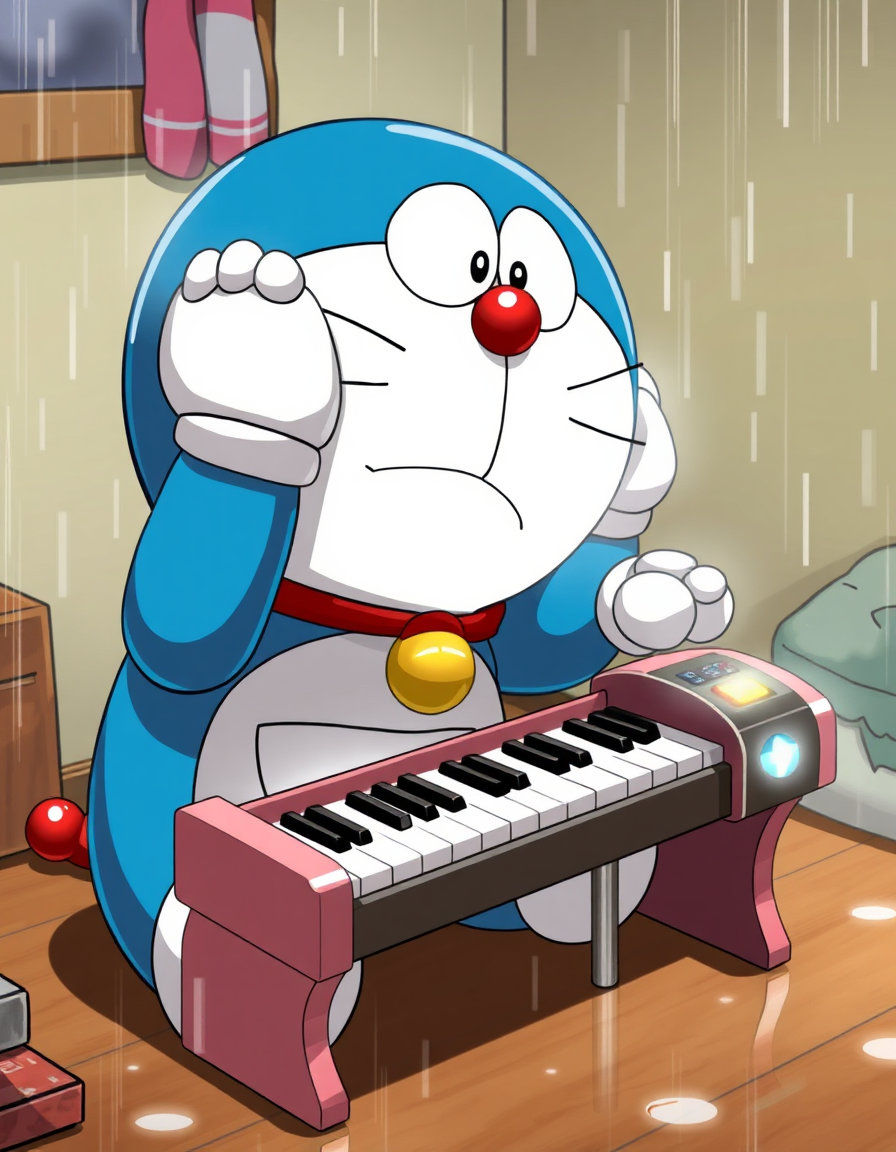 On a rainy Sunday afternoon, Nobita’s room was filled with a terrible, chaotic noise.Clang! Plonk! Screech!Doraemon was sitting on the floor, frantically pressing the keys of a tiny toy piano Nobita had received for his birthday years ago. Doraemon’s round, mechanical fingers kept hitting three keys at once. He groaned, holding his head."It's impossible!" Doraemon cried, his whiskers drooping. "My hands are literally spheres! How am I supposed to play a beautiful melody for Shizuka's upcoming recital celebration?"Nobita, looking up from his comic book, shrugged. "Maybe you just aren't built for the piano, Doraemon. Stick to eating dorayaki."Doraemon’s eyes flashed with determination. "No! A 22nd-century robot cat never gives up!"He reached into his 4D pocket and pulled out a sleek, futuristic gadget that looked like a pair of glowing white gloves with digital screens on the back. "The Virtual Maestro Gloves!" Doraemon announced.He slipped them over his round hands. Instantly, the gloves adapted, projecting ten tiny, invisible holographic "fingers" from his paws that could interact perfectly with the piano keys."Now," Doraemon said, opening a beginner's music book to the very first page. "Lesson One: Finding Middle C."According to the book, he had to look for the group of two black keys and press the white key just to the left of them. He aimed his new holographic index finger and pressed.Ding.A clear, perfect note echoed through the room. Doraemon gasped. "I did it! I played a note!""Great," Nobita muttered. "Now you just have to learn the other eighty-seven keys."Ignoring Nobita, Doraemon looked at the first simple exercise in the book: playing a scale up and down. C, D, E, F, G.Ding, dong, ding, dong, ding.At first, his timing was completely uneven. He pressed 'D' too softly and slammed his finger onto 'G' so hard the toy piano shook. His robotic brain wanted to calculate the exact mathematical distance between the keys, but his hands wouldn't cooperate."Don't think so much," Nobita said, surprisingly helpful for once. "My mom always says you have to feel the rhythm."Doraemon closed his eyes, took a deep breath, and tried again. He imagined the happy bounce of a dorayaki rolling down a hill.Ding... ding... ding... ding... ding.This time, the notes were perfectly smooth and spaced out. Doraemon opened his eyes, a massive grin spreading across his face. By the time the sun began to set, filling the bedroom with a warm orange glow, Doraemon wasn't just playing single notes anymore. He was successfully playing the first four bars of "Twinkle, Twinkle, Little Star."Nobita clapped, genuinely impressed. "Wow, Doraemon! You're actually doing it!"Doraemon turned around, bowing dramatically from his seat on the floor. "Thank you, thank you! Next stop... Mozart!"