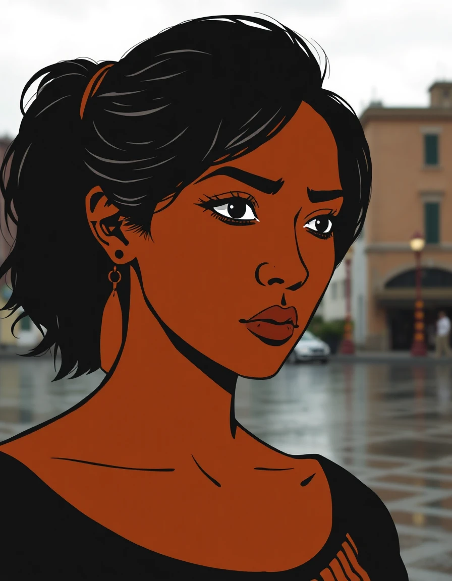Black female civilian, medium close‑up head‑shoulders against an overcast urban backdrop, dark top, long dark hair, urgent concern, ancient greek red‑figure pottery style with terracotta surface, black slip background, limited black, red‑orange and white palette, confident calligraphic brushwork, graphic silhouette, ceramic grain texture, illuminated by reflected water glow lighting that shimmers across the figure and background, creating luminous moving patterns. Funny