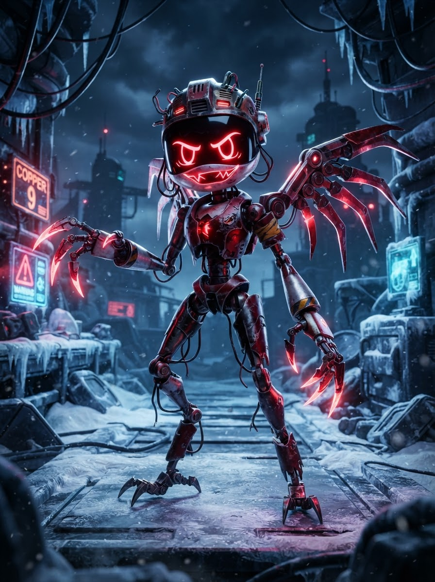 Murder Red disassembly drone with Skull Face visor, menacing and unfinished, in the style of Murder Drones, glossy 3D cartoon render, sleek robotic character with a glowing screen visor (X or symbol eyes), dark frozen sci-fi colony, vivid neon accents, full-body character portrait, centered, relaxed lively stance