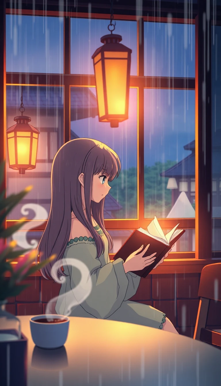 “Studio Ghibli-style cozy Japanese café during evening rain, anime girl reading a book near the window, warm lantern lights, coffee steam, detailed anime background, Makoto Shinkai lighting, emotional and peaceful atmosphere, aesthetic Instagram reel format