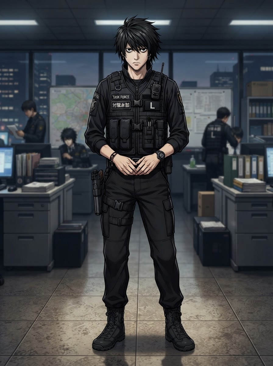 A Task Force member with a tactical vest, sharp jawline, and a determined gaze, standing tall as Ryuuga, in the style of Death Note, faithful to its official art style, vivid saturated colors, full-body character portrait, centered, relaxed lively stance