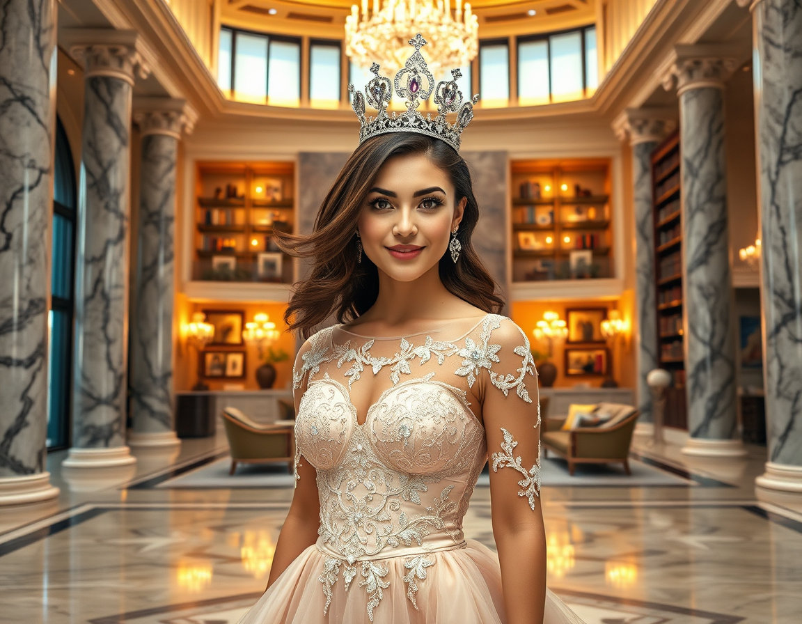 a realistic, ultra‑detailed portrait of a 35‑year‑old famous celebrity mother portrayed as a homecoming queen, with flowing glossy hair, immaculate makeup, and a bright, sparkling crown. she is cute, slim, and exudes confident charisma, standing in front of a massive, opulent mansion that blends classic architectural grandeur with modern luxury—tall marble columns, grand staircases, expansive glass windows, and sleek polished floors. the house interior glows with warm, golden lighting, showcasing sumptuous furnishings, towering bookcases, and elegant decorative art. her regal queen‑style dress is a shimmering pastel‑toned gown with intricate lace, delicate beading, and a sweeping train that seems to merge with the surrounding décor, emphasizing her ability to transform any space. the scene captures her poised, graceful stance, a gentle smile, and a subtle, magical aura that hints at her power to turn the house into anything she imagines. the overall composition is vibrant, hyper‑realistic, and richly textured, highlighting every detail from the crown’s jeweled facets to the house’s ornate architectural elements.