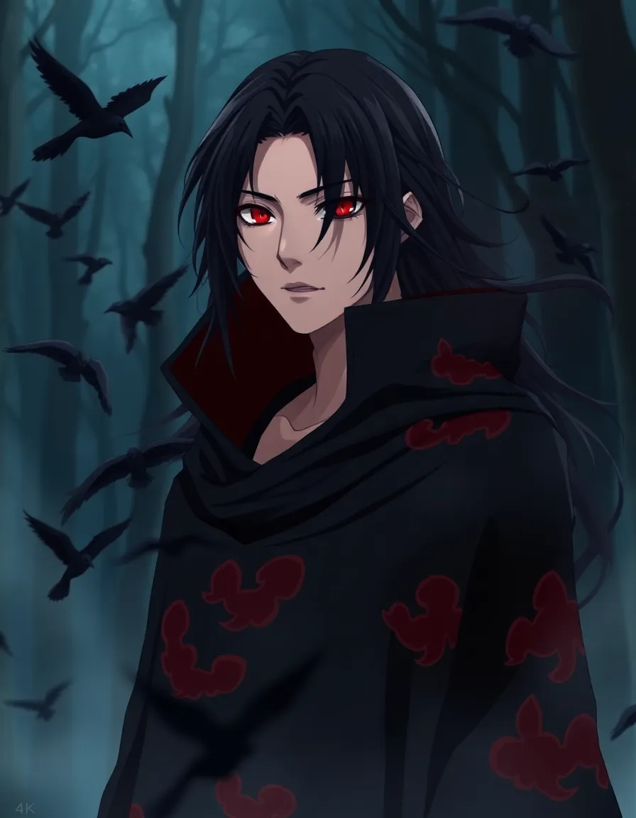A hyper-realistic portrait of Itachi Uchiha standing in a misty forest at night, red glowing Sharingan eyes, black Akatsuki cloak with red clouds, long black hair flowing in the wind, crows flying around him, calm and mysterious expression, cinematic lighting, dark anime realism, ultra-detailed background, 4K resolution, dramatic atmosphere, anime-realism fusion style.