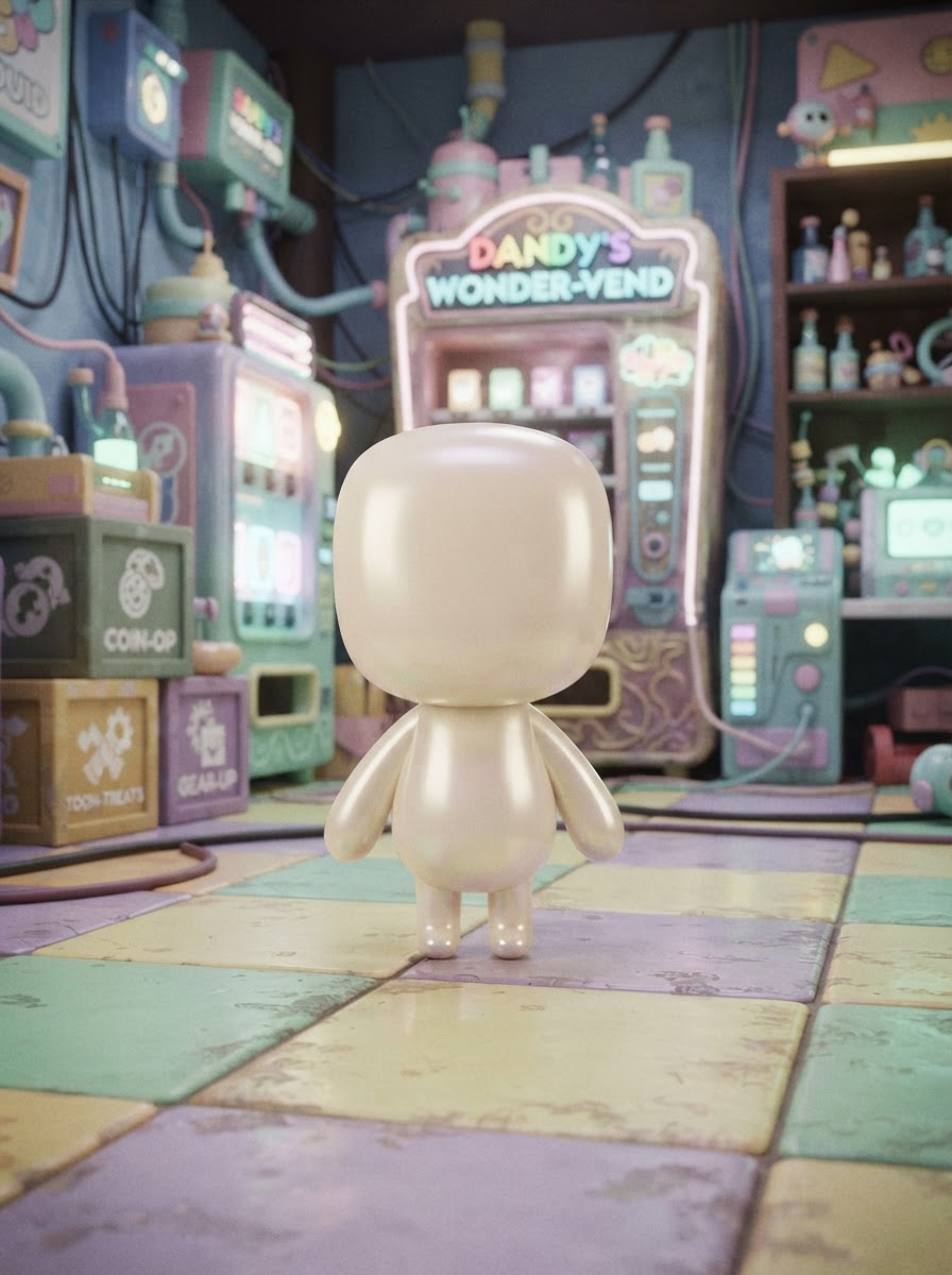 A small blank Toon body, glossy and waiting, standing on tiny stub legs in soft Dandy's World studio light, in the style of Dandy's World, cute 3D toon render, pastel-but-eerie colors, whimsical vending-machine world, full-body character portrait, centered, relaxed lively stance