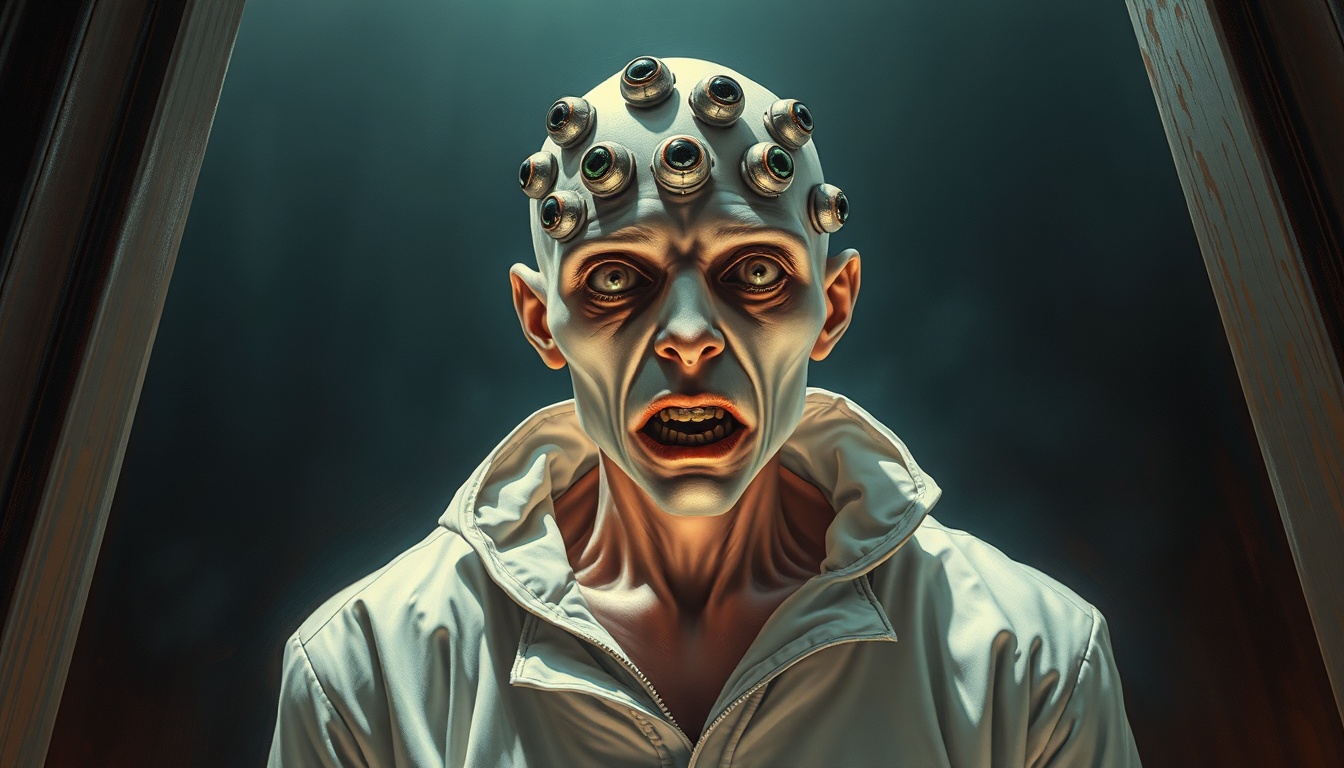 a deeply unsettling and terrifying atmosphere permeates the scene, rendered in the distinct style of j.c. leyendecker, characterized by its vibrant colors, bold vintage lines, sharp 80s graphic novel influences, and high-contrast palette. the artwork is a vibrant, hyper-realistic digital oil painting, exhibiting a handcraft, painterly finish with an emphasis on fine brushwork, layered glazes, and natural texture. a matte-painting sensibility is applied to the backgrounds, while characters possess concept-art quality refinement. central to this disturbing tableau is a creepy, pale individual confined within a stark white straightjacket. their face is a canvas of unnatural fear, adorned with numerous, unblinking eyes scattered across its surface, and conspicuously devoid of any mouth.